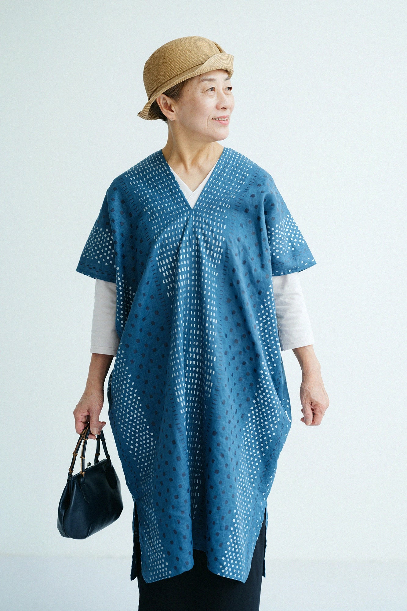 【Scheduled to ship around Mar 3】Linen Rectangular Dress Split Joint／Hail StripesAquamarine