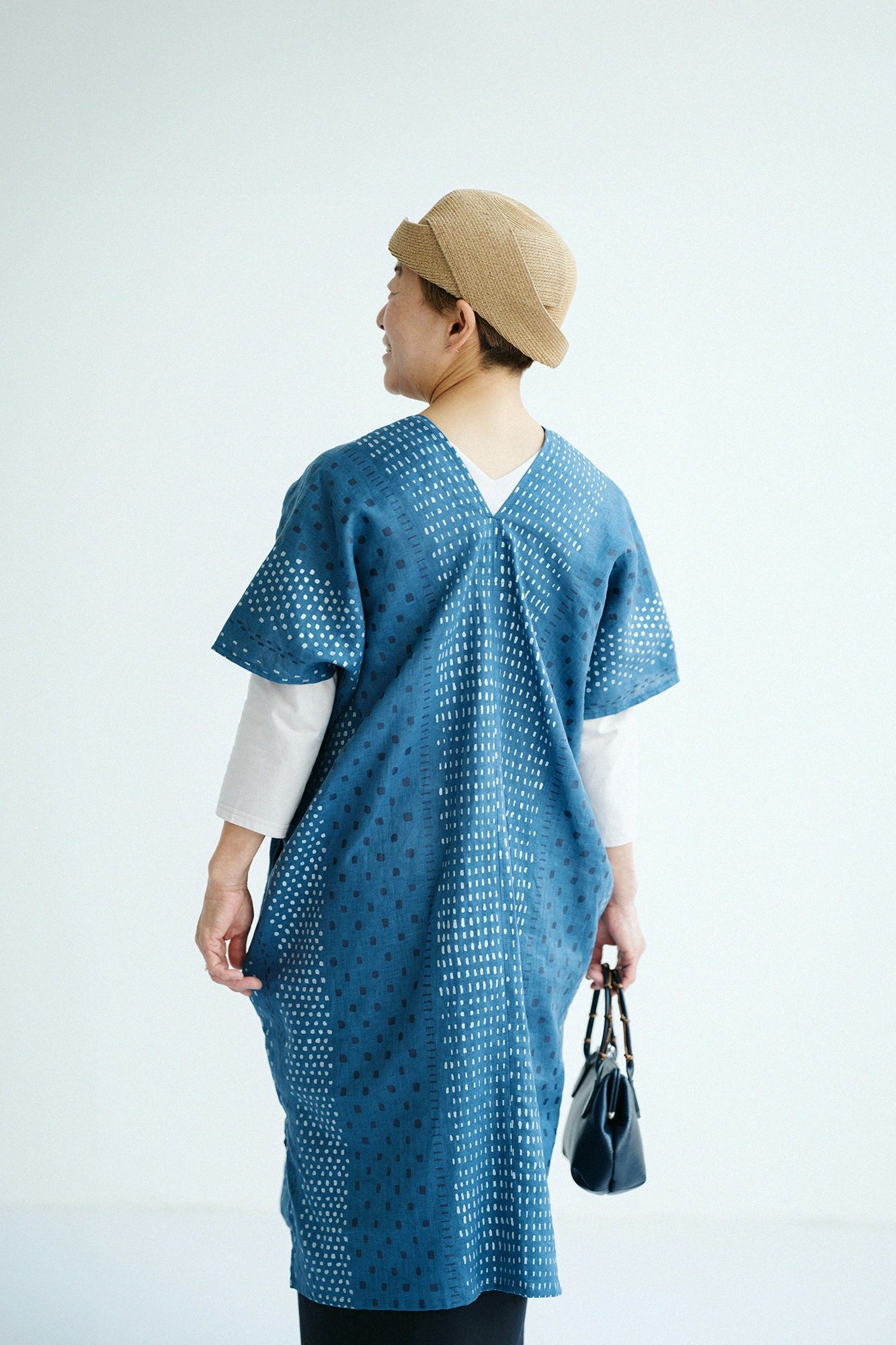 【Scheduled to ship around Mar 3】Linen Rectangular Dress Split Joint／Hail StripesAquamarine