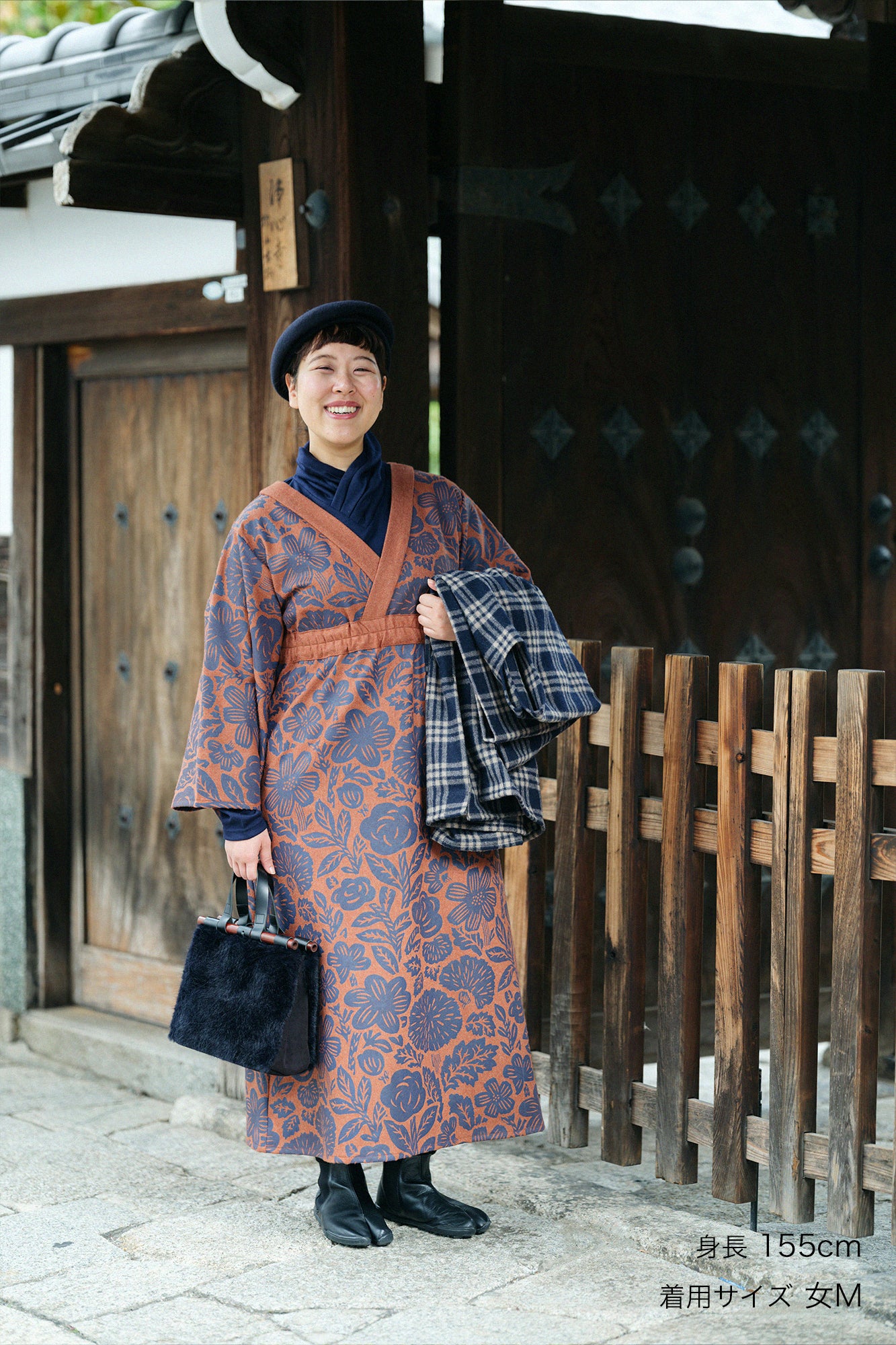 Wool Flannel Kimono Dress / Woodcut Yellowish Brown