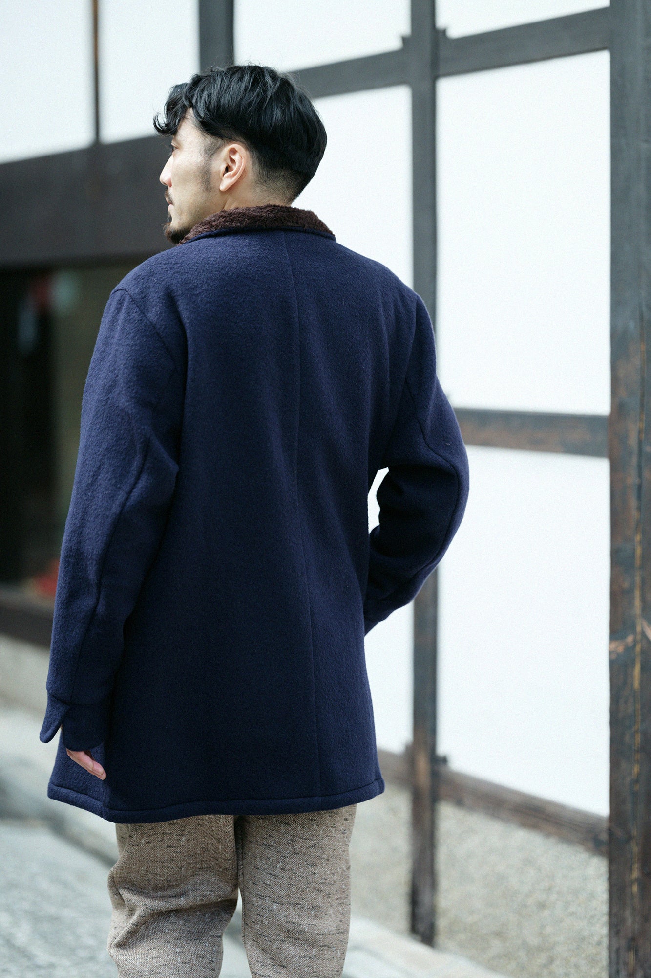 【預購】A.S 雙面羊毛 立領短外套／深藍色×網代紋和SO-SU-U十數 昆（※預計於12月9日左右發貨）