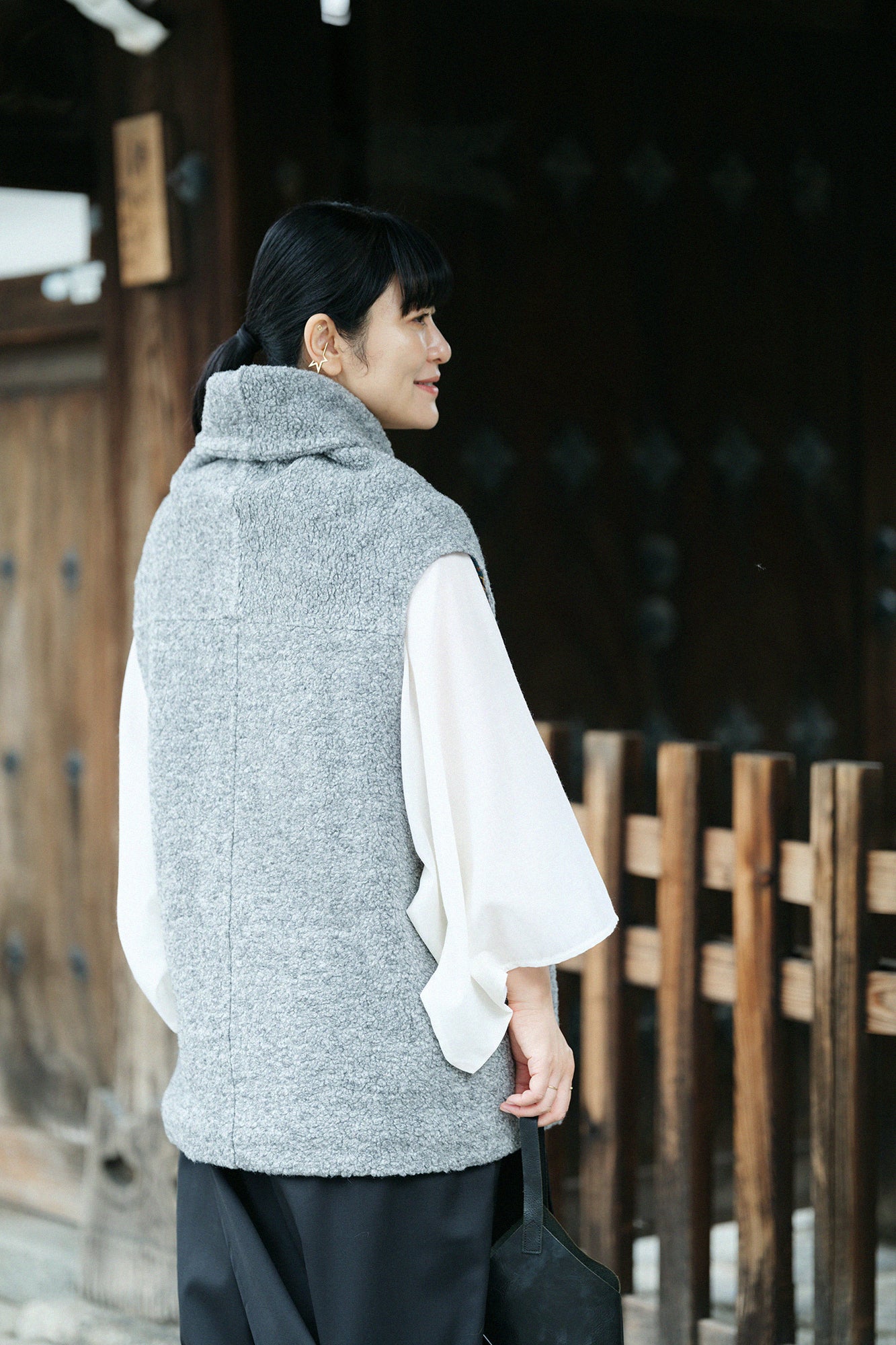 Boa Saya Vest with Lining / Heather Grey×Gorgeous Green Jade Color