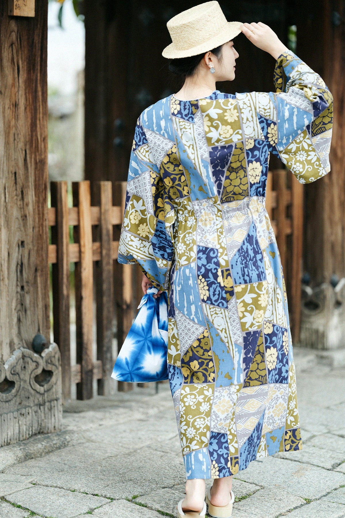 Chizimi Cotton 20/20 Double V-neck Summer Kimono Dress / Patchwork Kimono of Uesugi Kenshin Family-Recreation