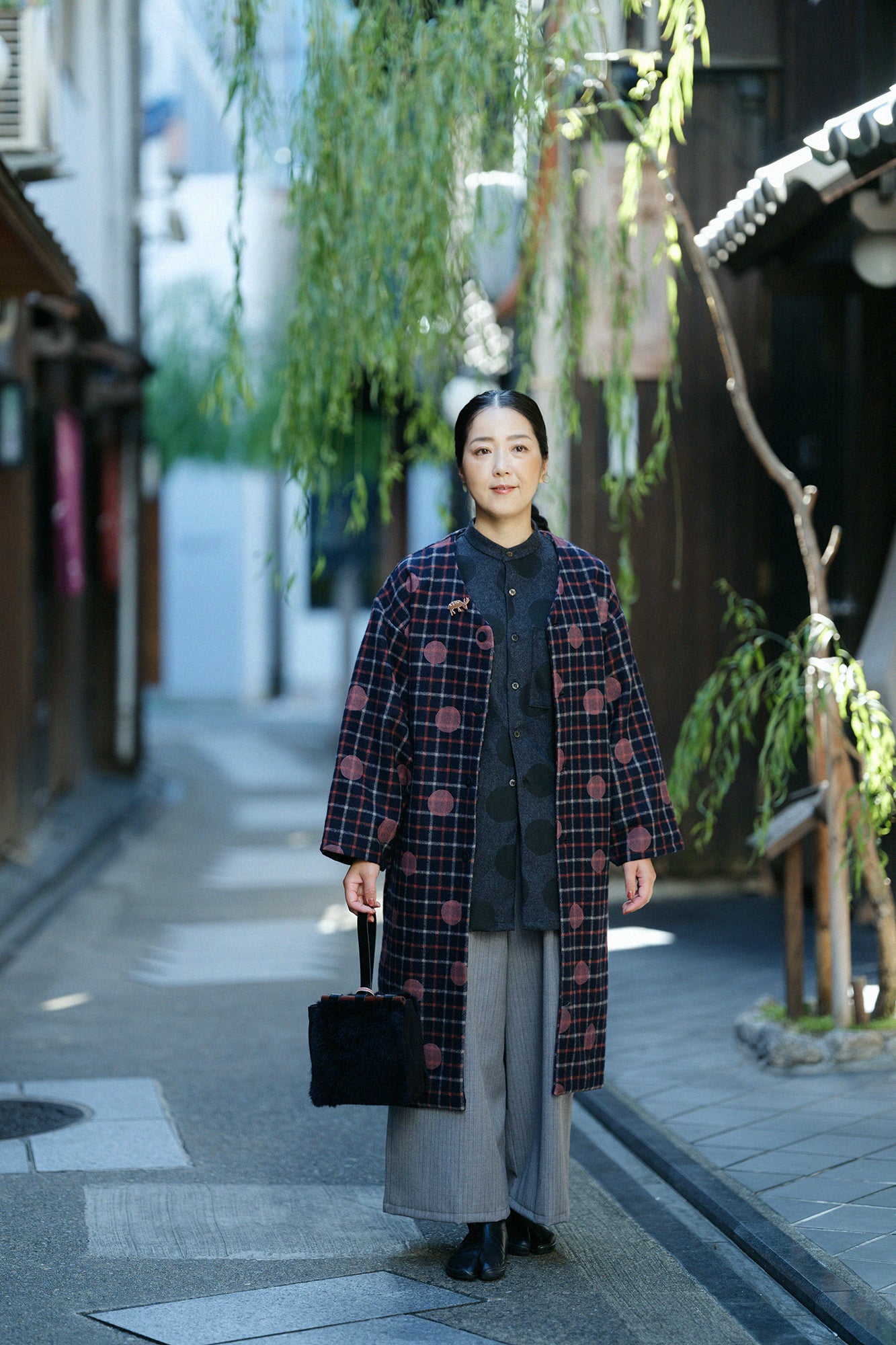 Tweed Naginata Sleeve Long Shirt / Polka Dots and Blank Bluish Grey