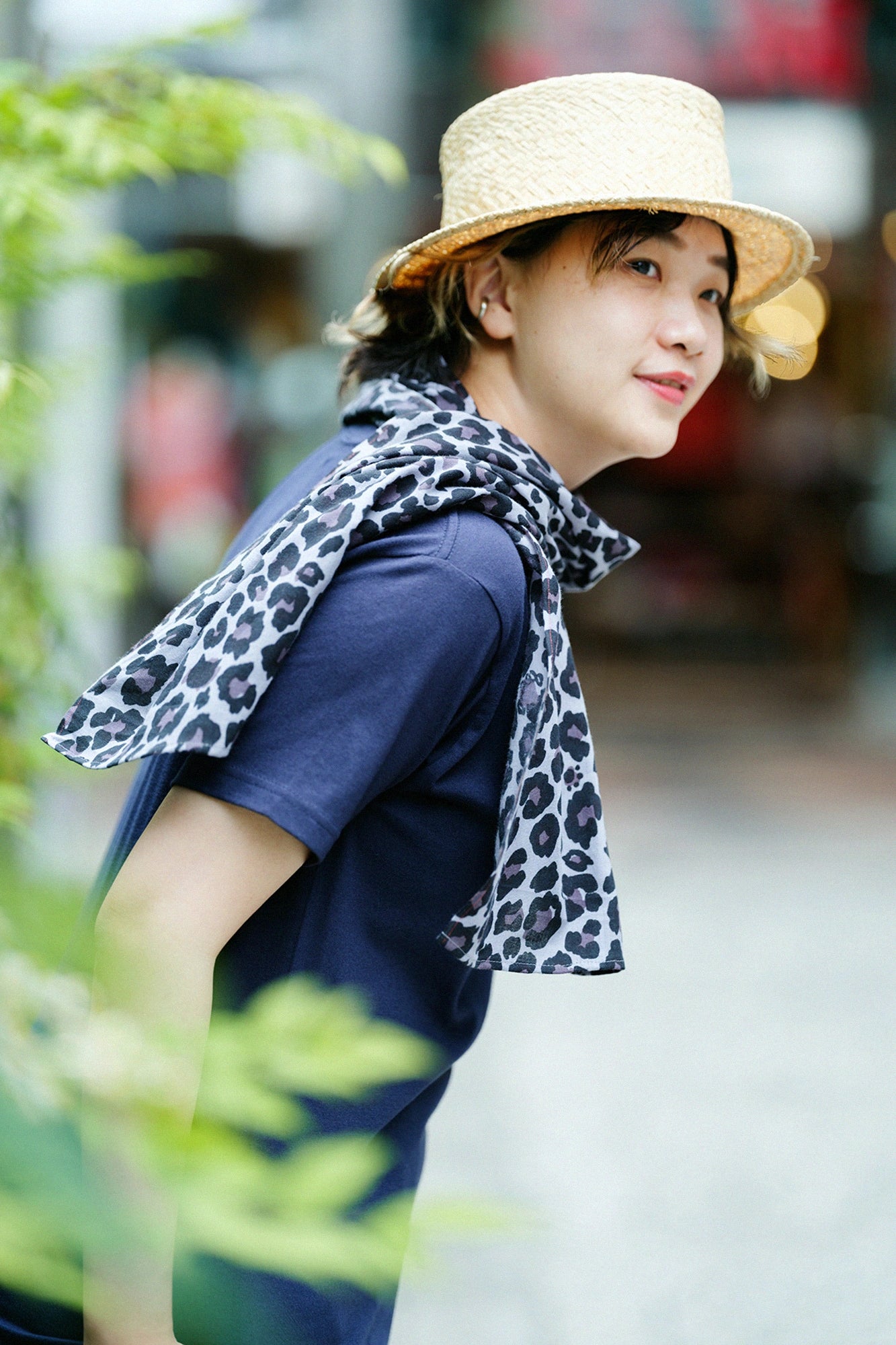 【6月30日頃発送予定】伊勢木綿 くびまき 短丈／dopo leopard Midnight