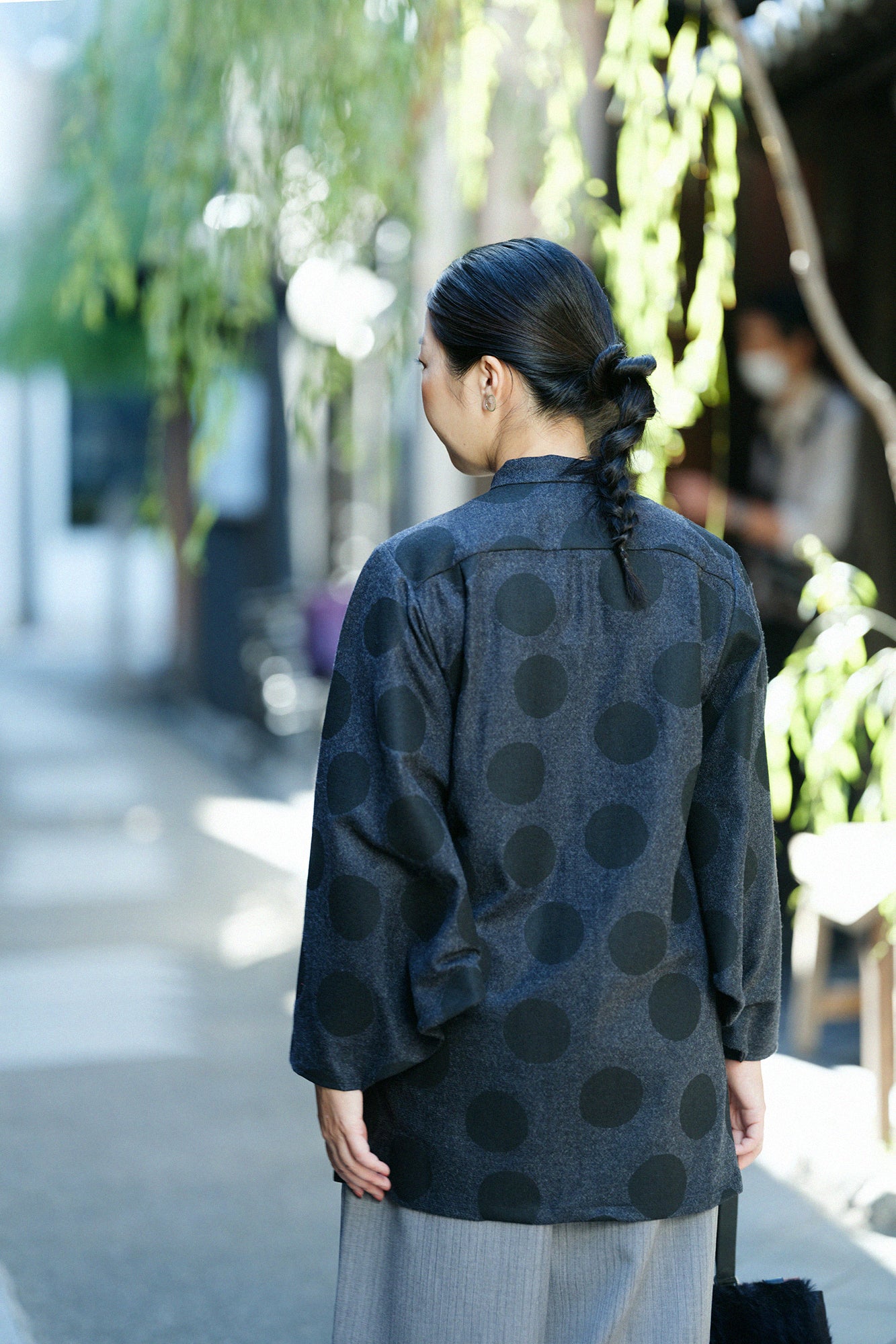 Tweed Naginata Sleeve Long Shirt / Polka Dots and Blank Bluish Grey