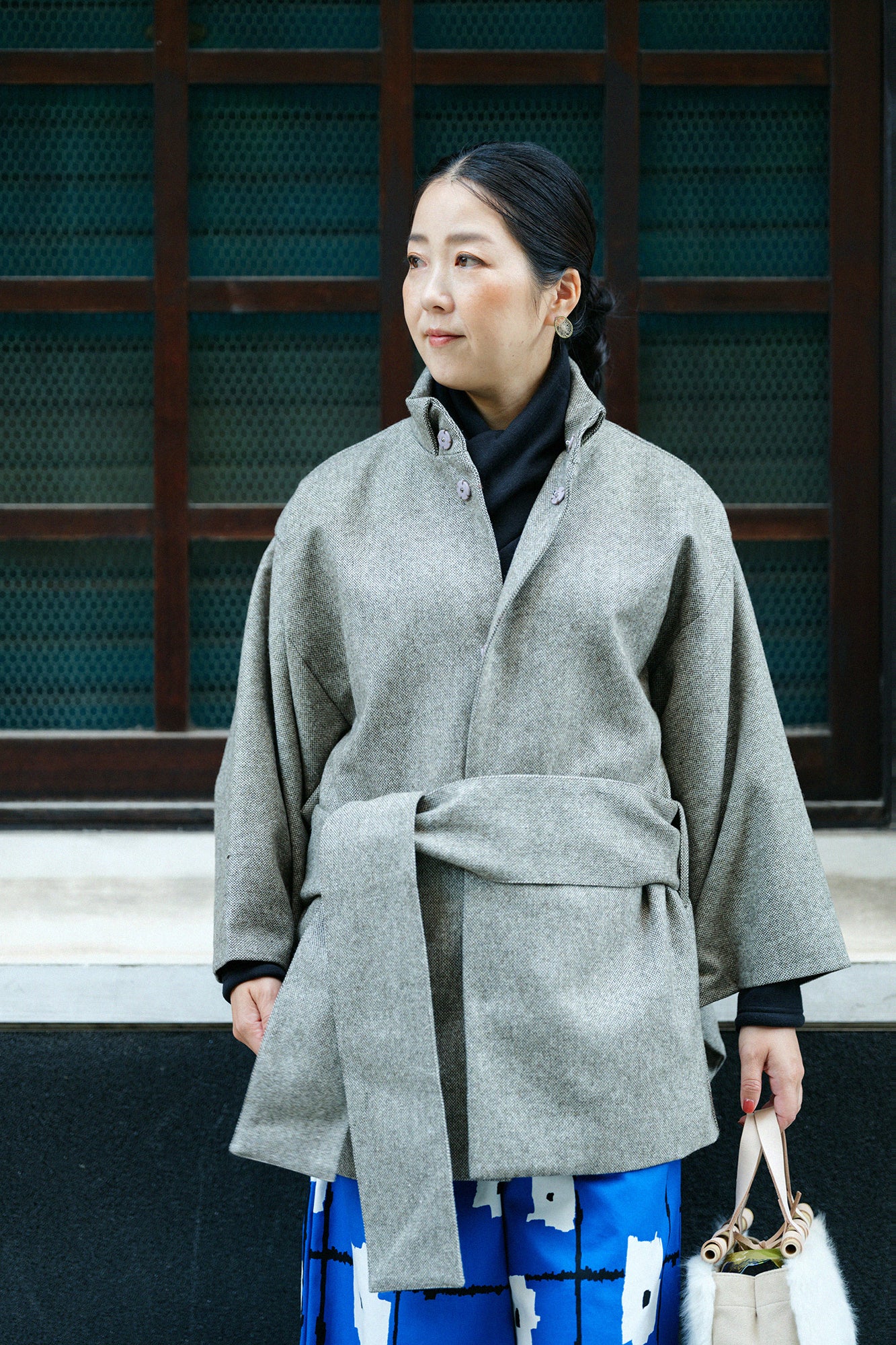 Tweed Kimono Sleeve Coat Short with Lining / Greyish Yellow
