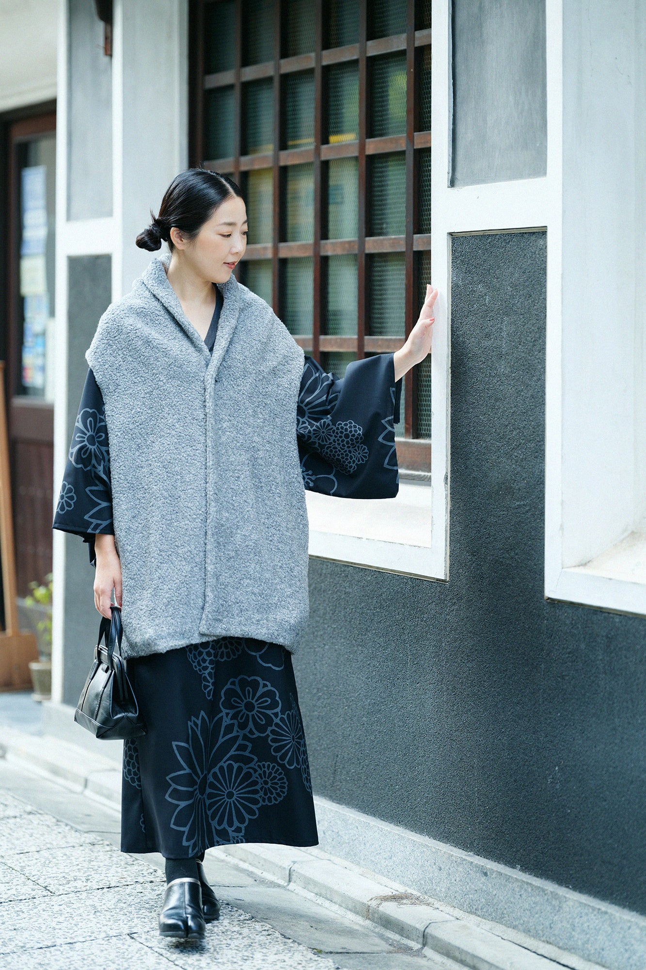 梳毛 半衿和服形洋裝／金襴緞子黑色