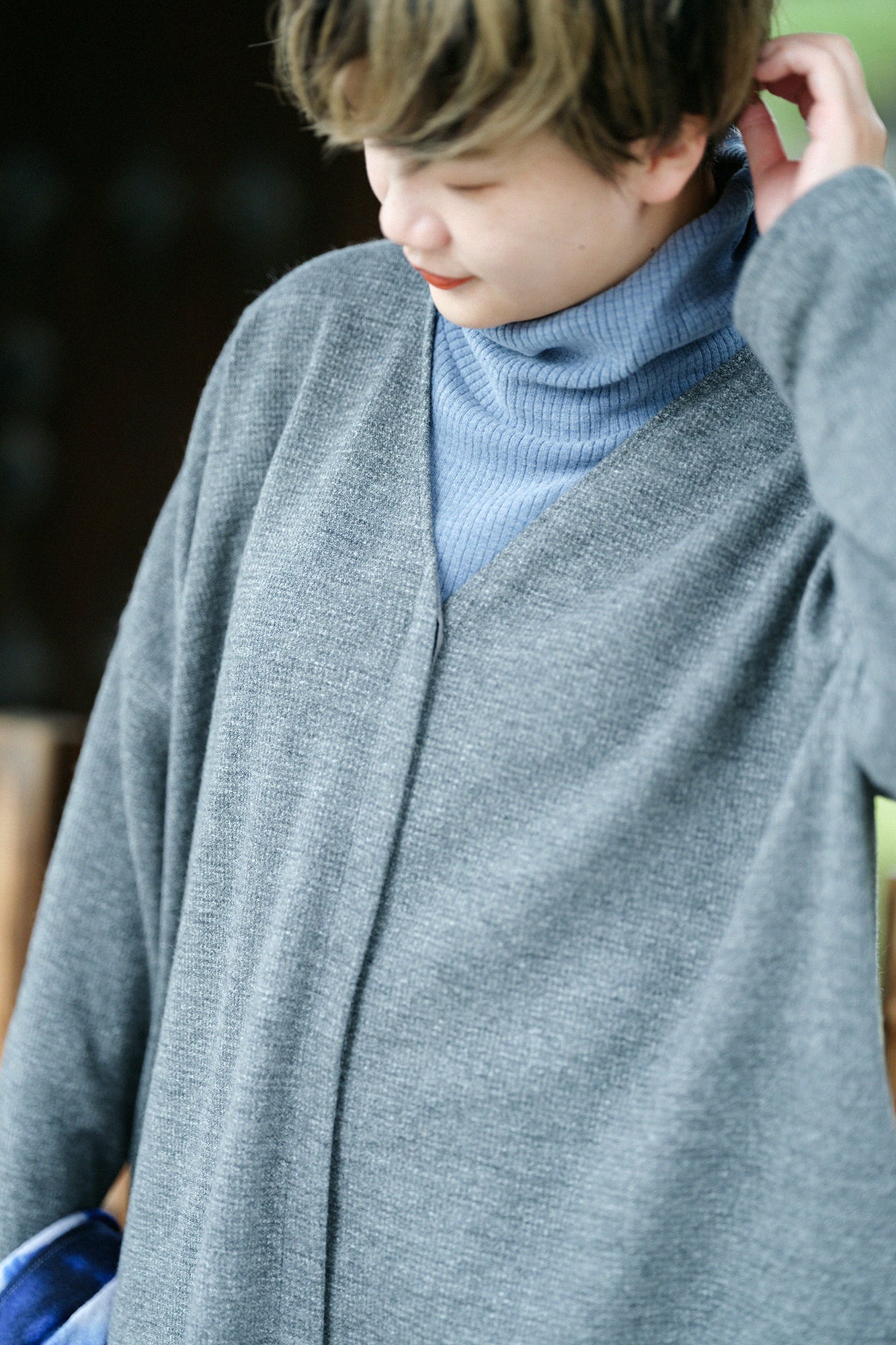 【預購】C/W千鳥格紋織 V領輕型外套／灰色（※預計於12月9日左右發貨）