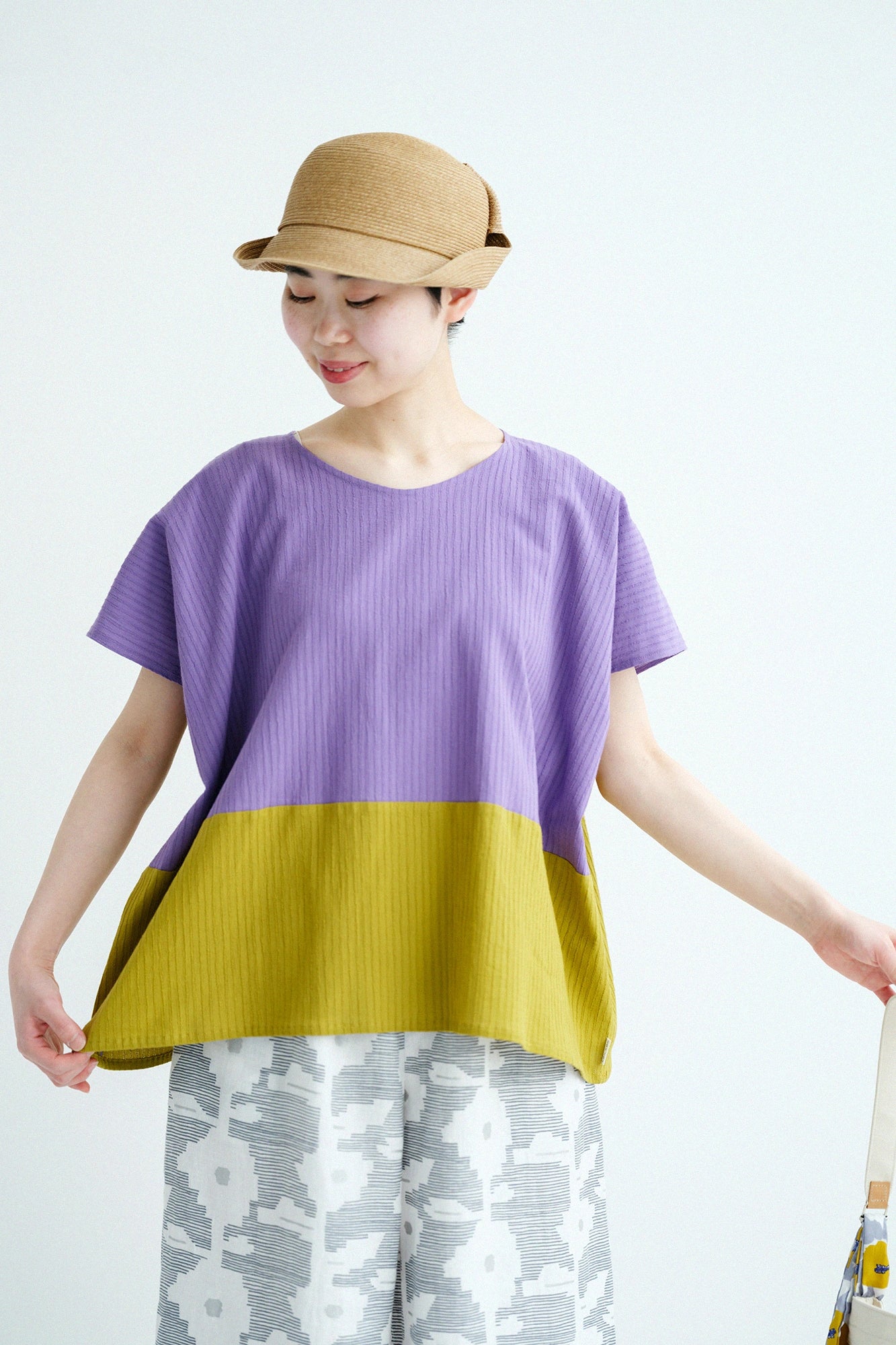 【Ships ard. 4/21】Chizimi Cotton 40/20 Akiha Square Top Bi-color / Reddish Light Purple ×Greenish Yellow