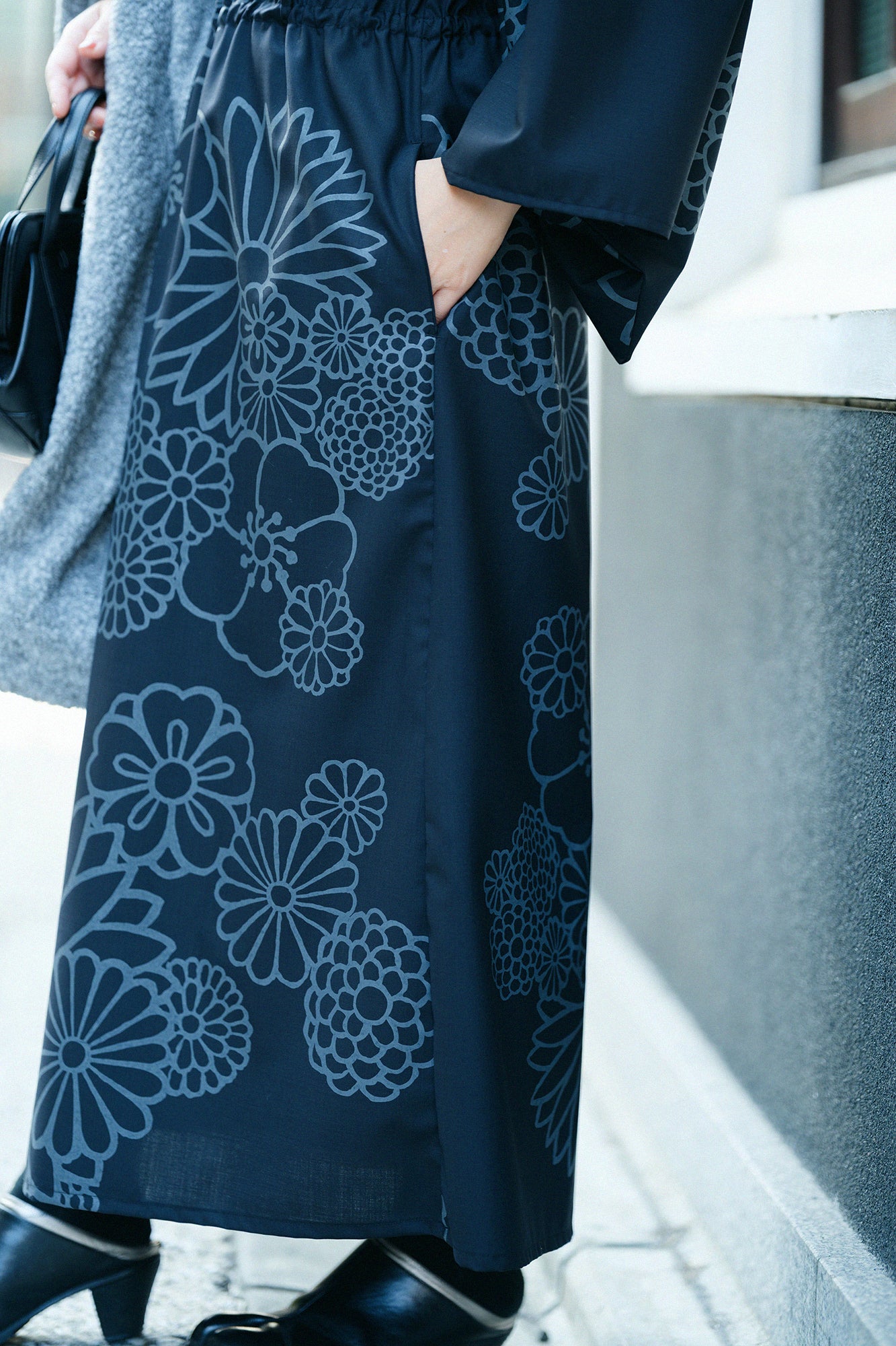 梳毛 半衿和服形洋裝／金襴緞子黑色