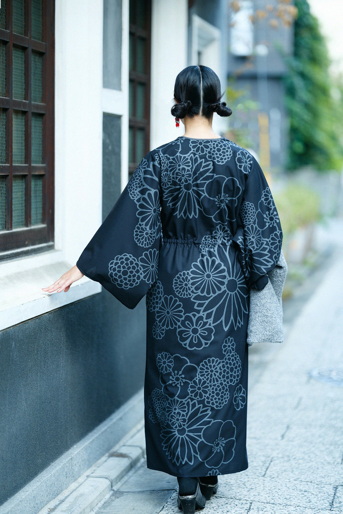 梳毛 半衿和服形洋裝／金襴緞子黑色