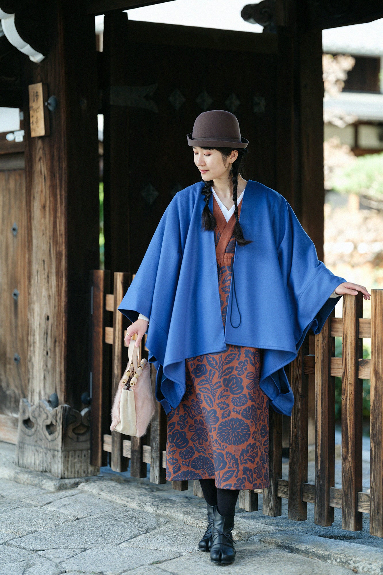 Wool Flannel Kimono Dress / Woodcut Yellowish Brown
