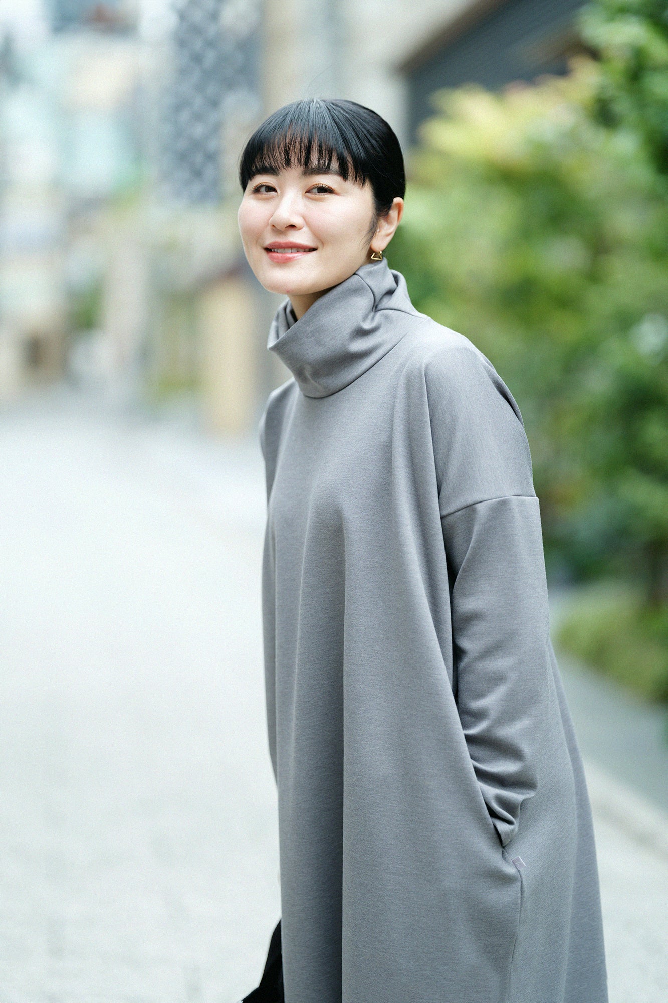 【預購】Soft Thermo(R) 羅紋針織布 高領長袖連身裙 超長版／灰色（※預計於12月9日左右發貨）