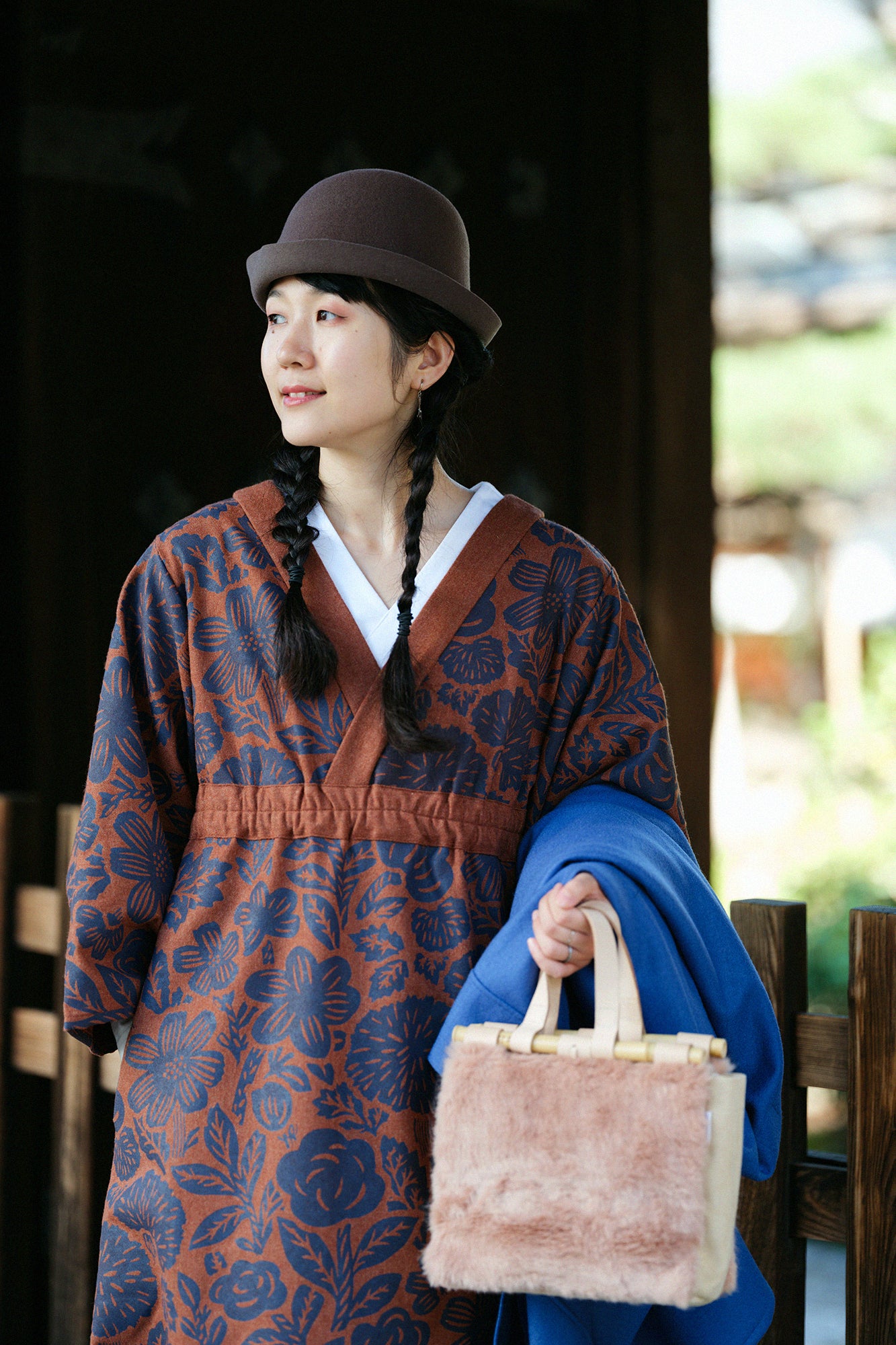 Wool Flannel Kimono Dress / Woodcut Yellowish Brown