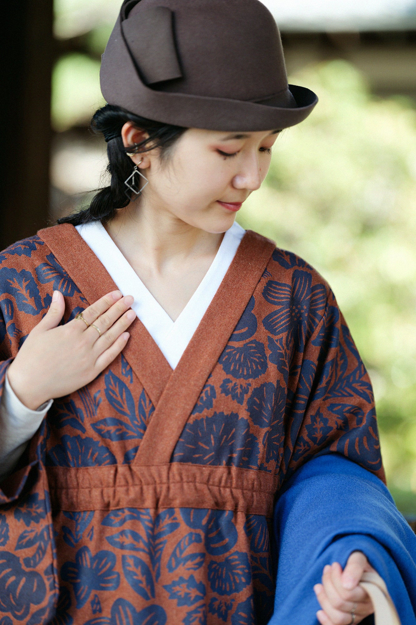 Wool Flannel Kimono Dress / Woodcut Yellowish Brown