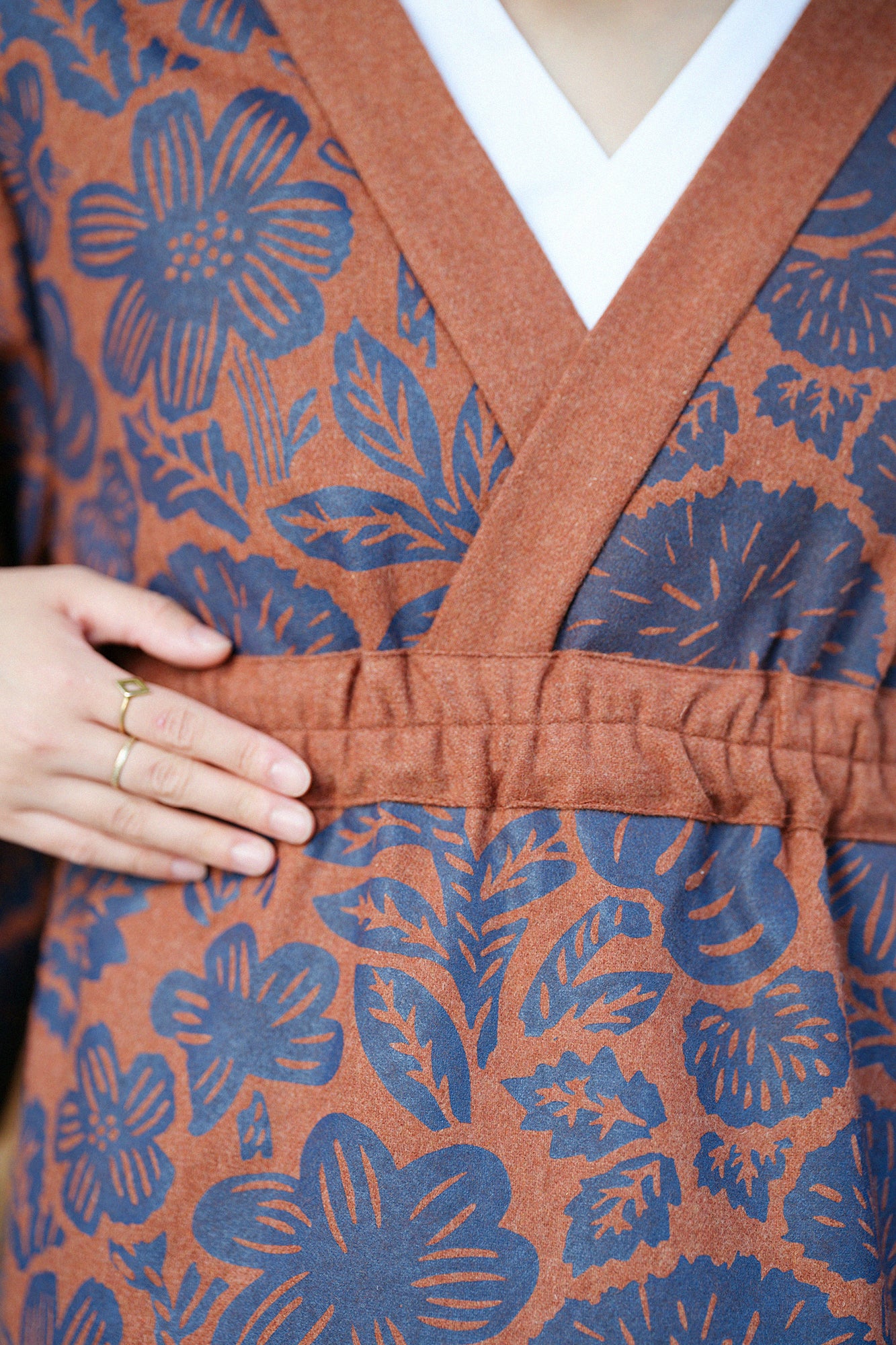 Wool Flannel Kimono Dress / Woodcut Yellowish Brown
