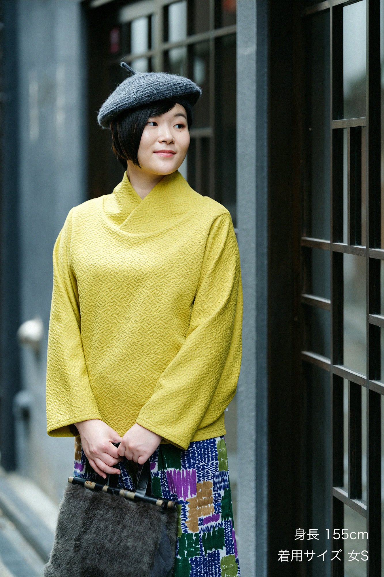 雙層緹花 和服領上衣 白息／金黃色