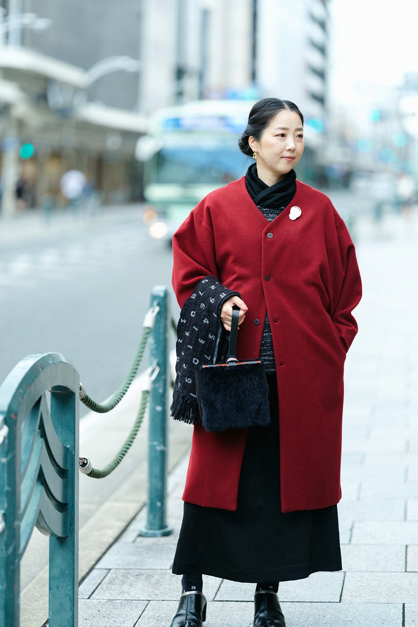 Wool Melton Naginata Sleeve Haori Long with Lining / Dark Red×Rose