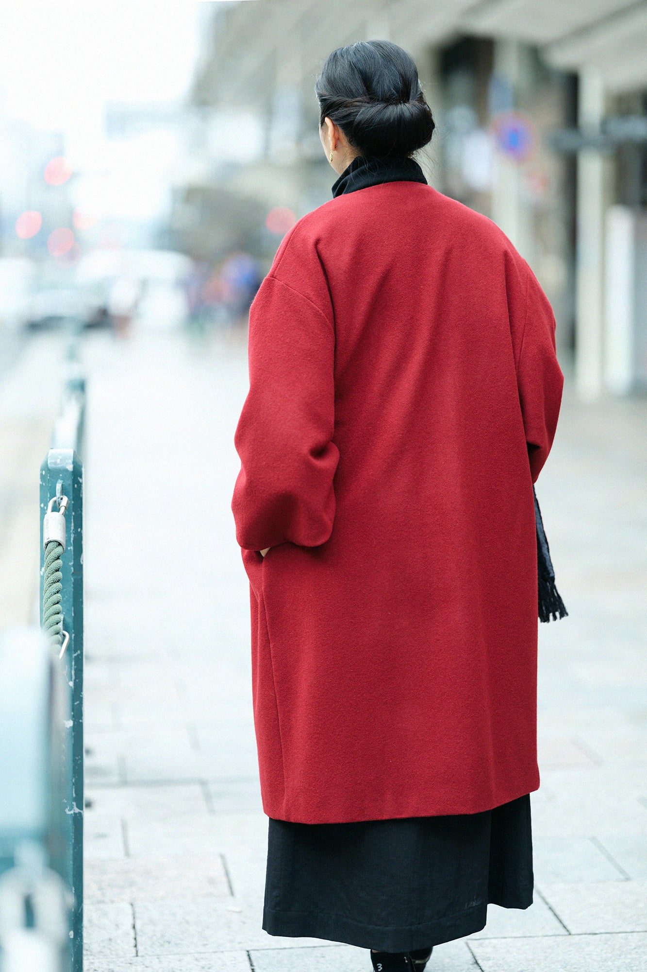Wool Melton Naginata Sleeve Haori Long with Lining / Dark Red×Rose