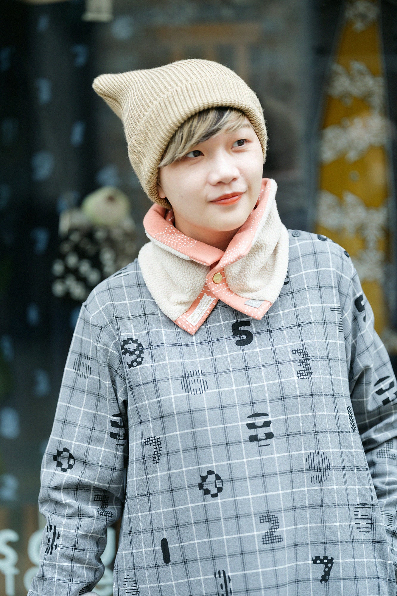 雙面用 BIKE短圍巾／青花 鮭魚粉