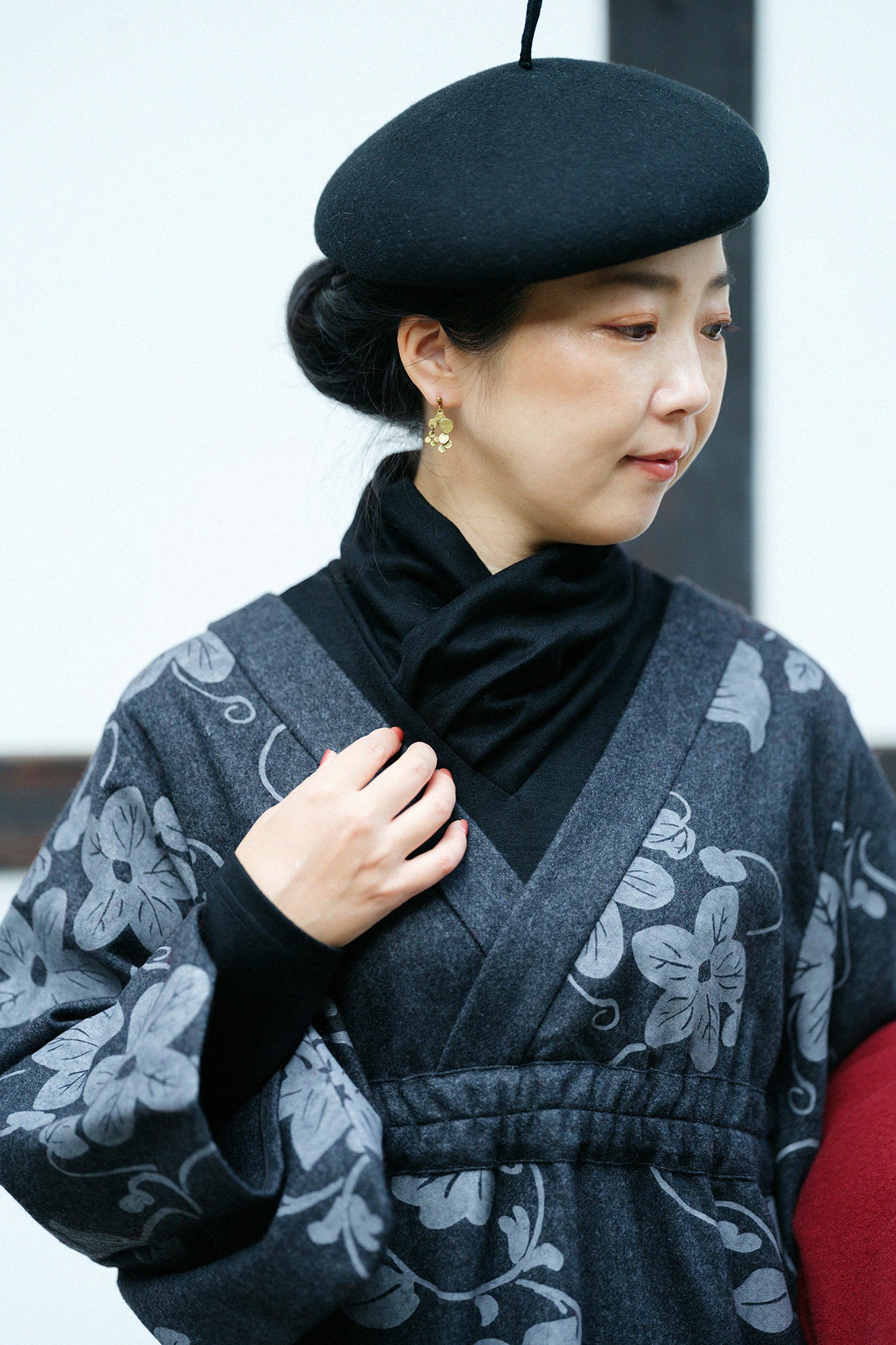 Wool Flannel Kimono Dress / Graceful Dark Ink Black