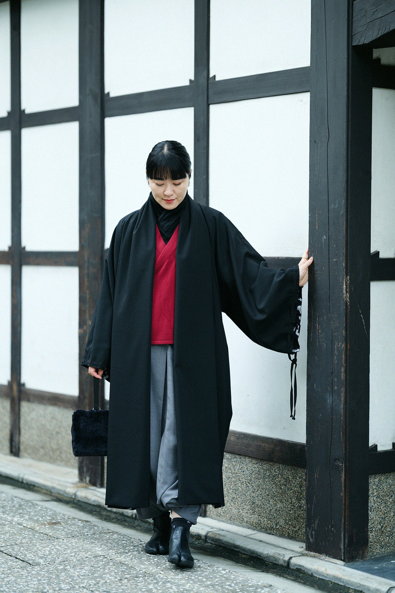 梳毛×毛斯綸 宮中袖 雙面用／黑色×文