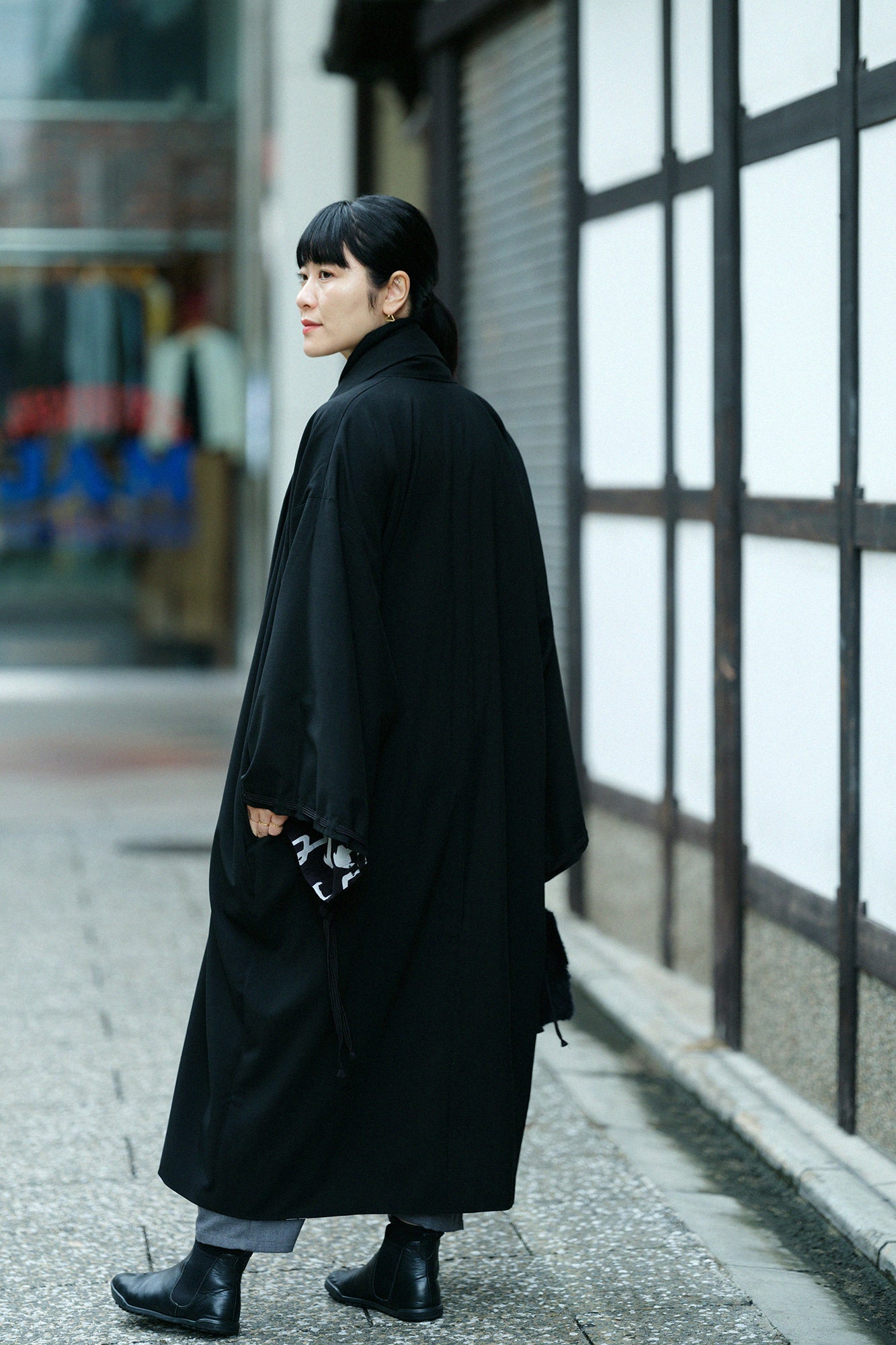 梳毛×毛斯綸 宮中袖 雙面用／黑色×文