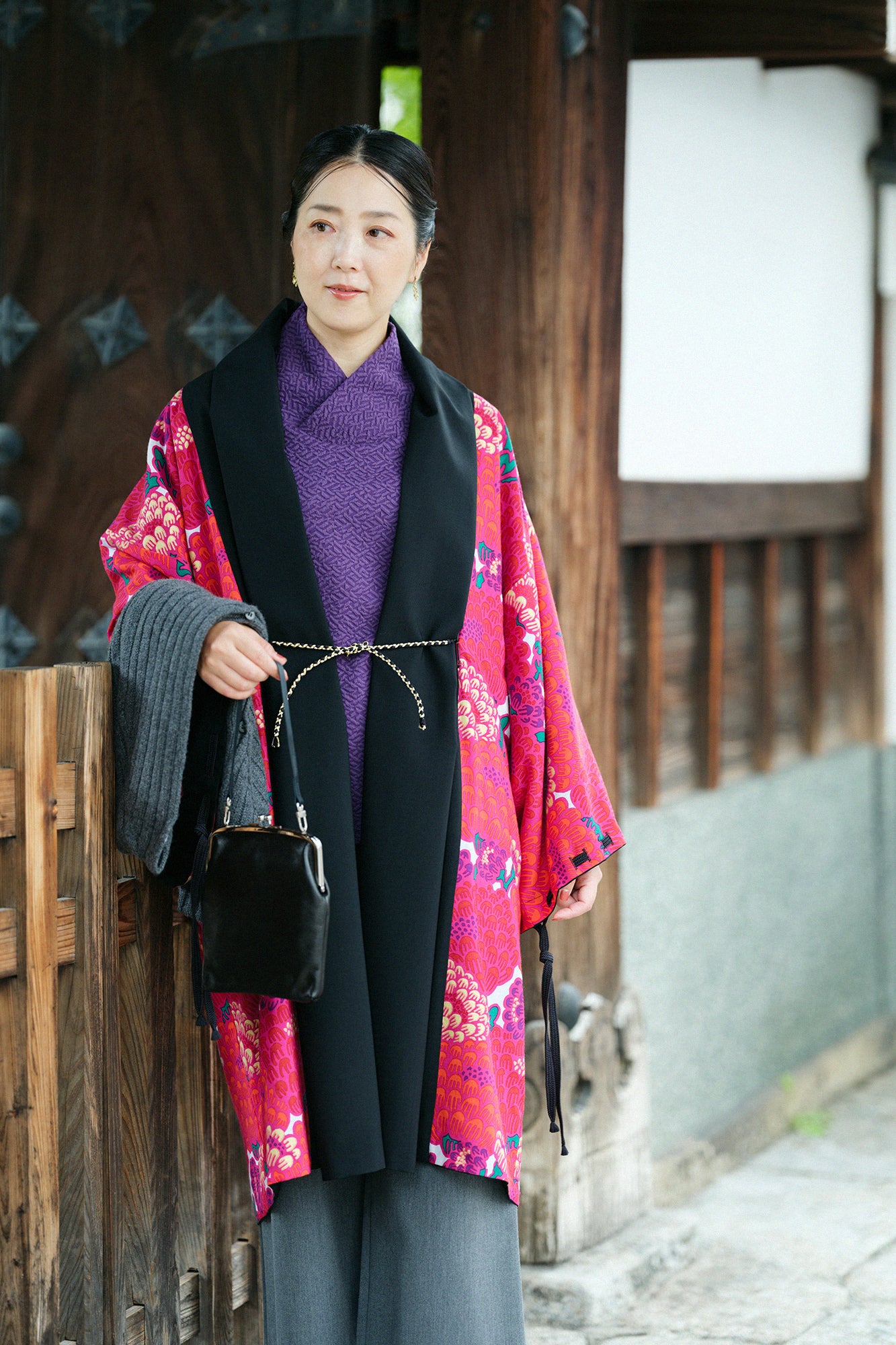 Combed Yarn×Muslin Wool Rectangular Sleeve Coat Reversible / Black×Kenran