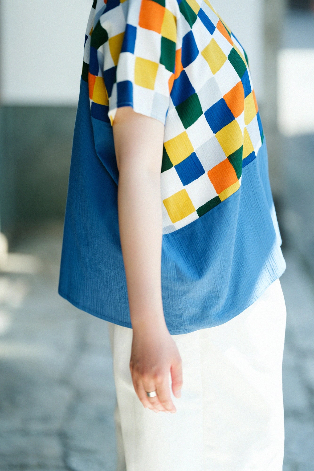 【Ships ard. 6/23】Chizimi Cotton 20/20 Square Top Bi-color Pattern on Shoulder / Daily Morning Tea Ceremony×Ash Blue