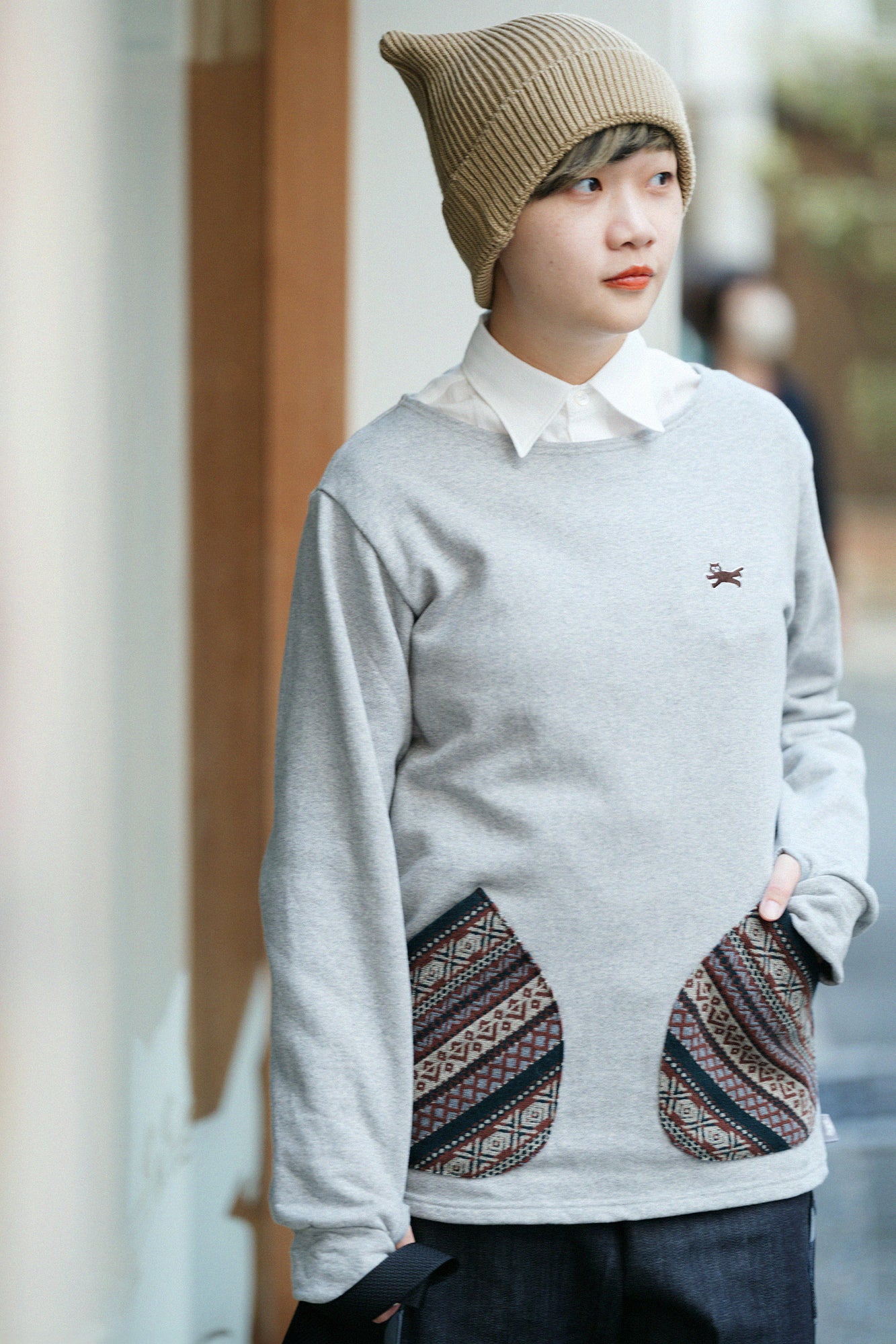 Fleece Boat Neck Sweat Shirt／Heather Grey×Brown JQ