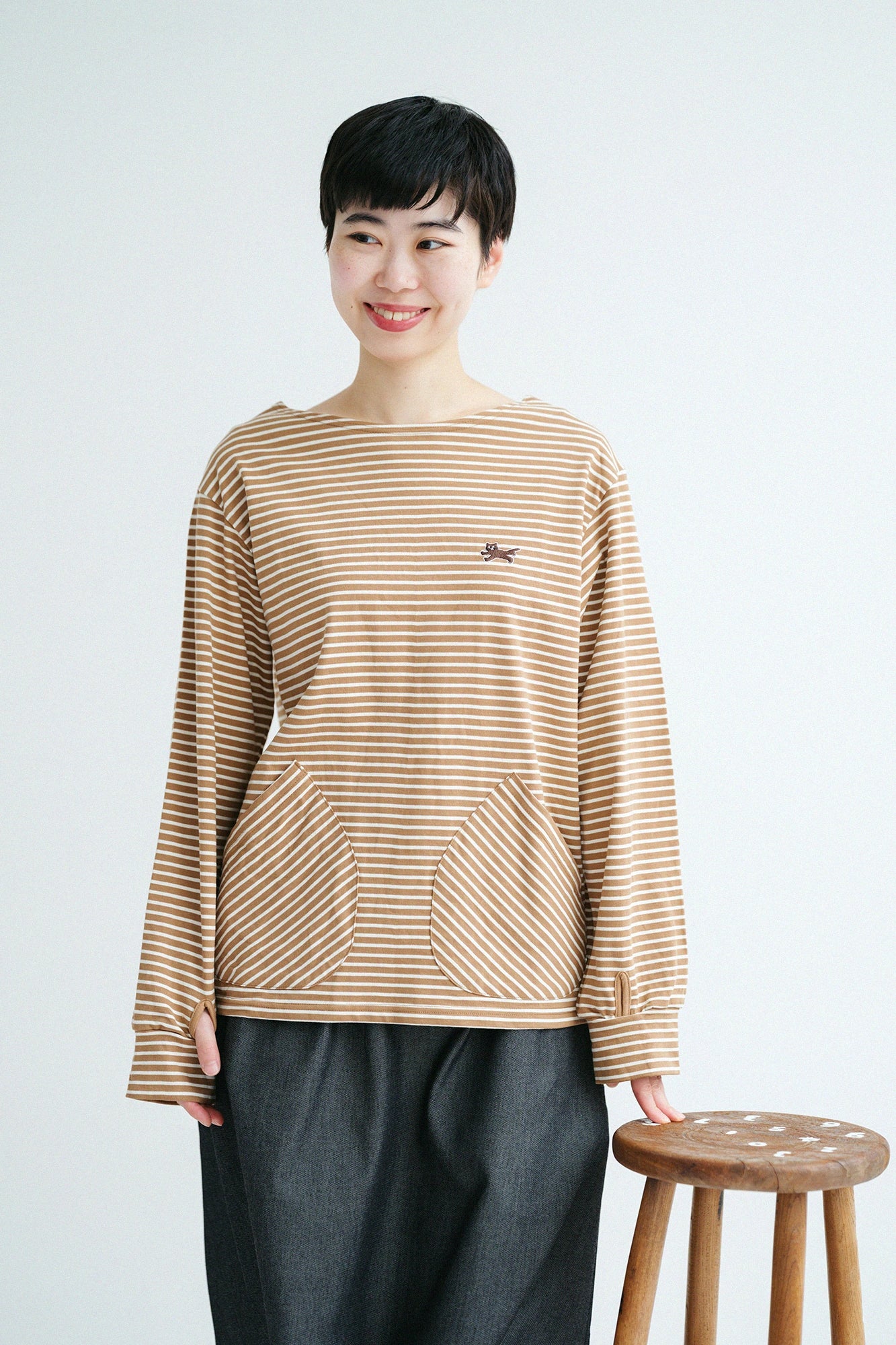 '身長：'164cm,'着用サイズ：'S,'※洗濯後寸法のものを着用',右上