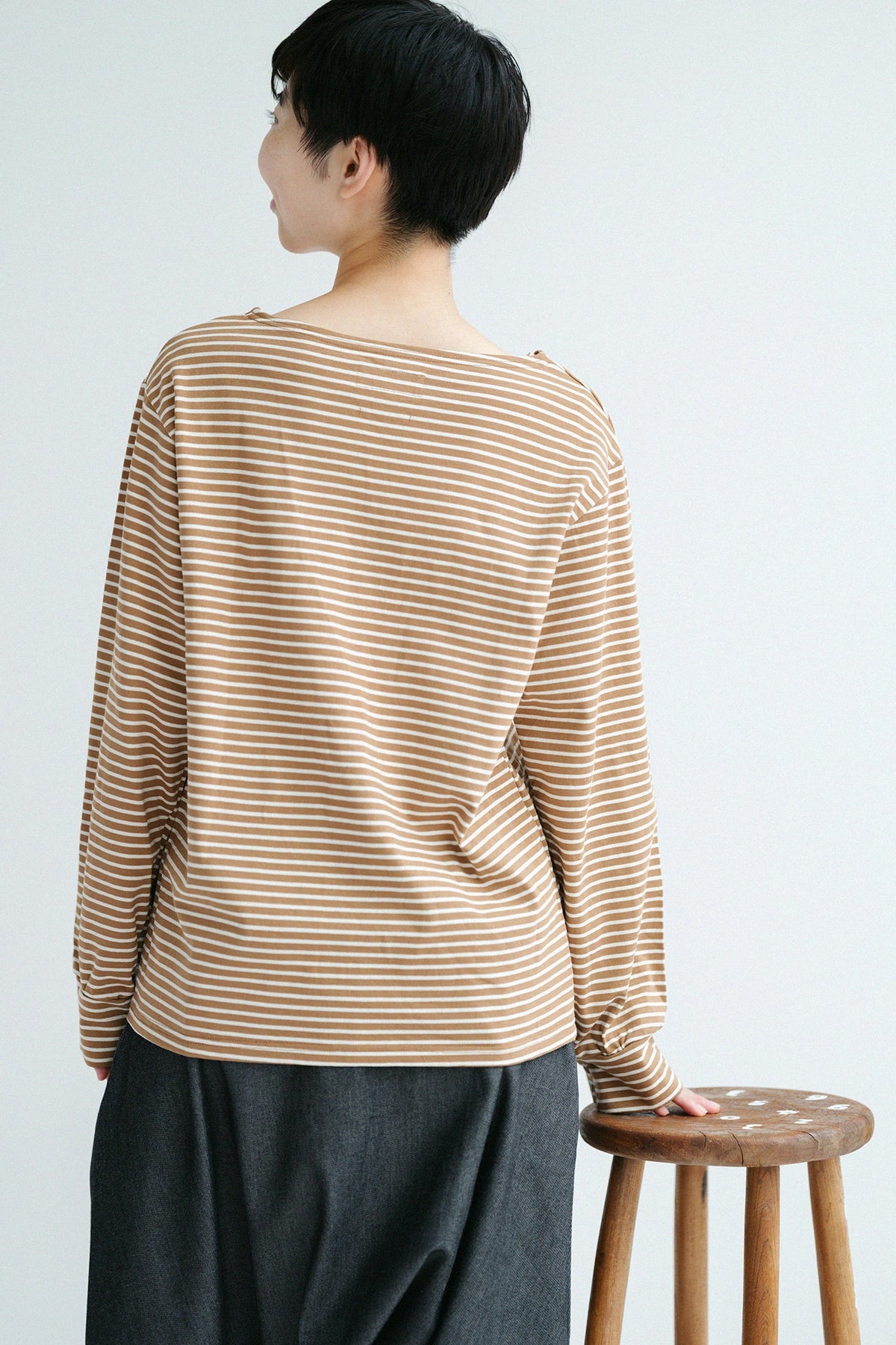 '身長：'164cm,'着用サイズ：'S,'※洗濯後寸法のものを着用',右上