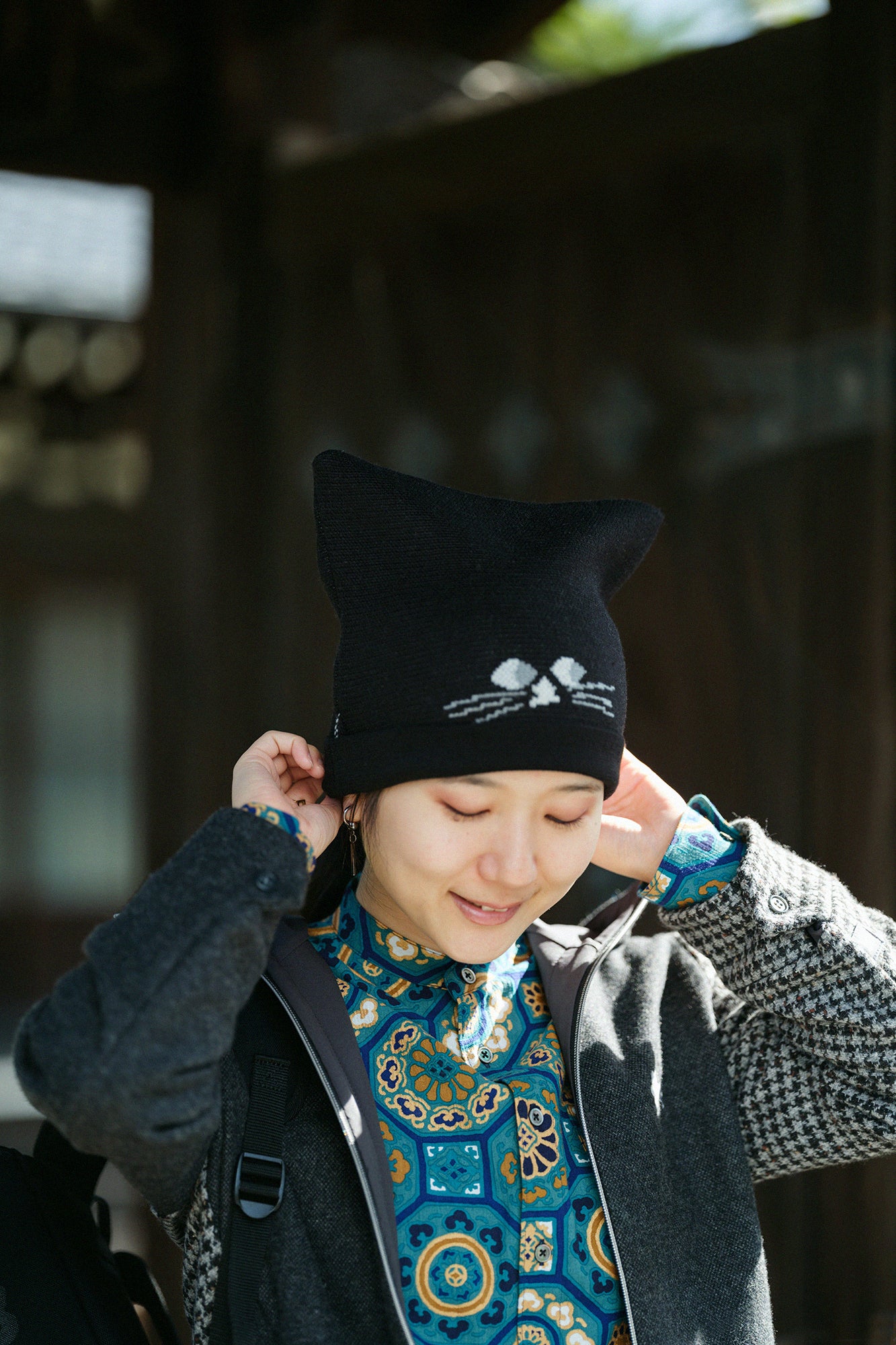 depoニャン ジャガード ニットキャップ／ブラック