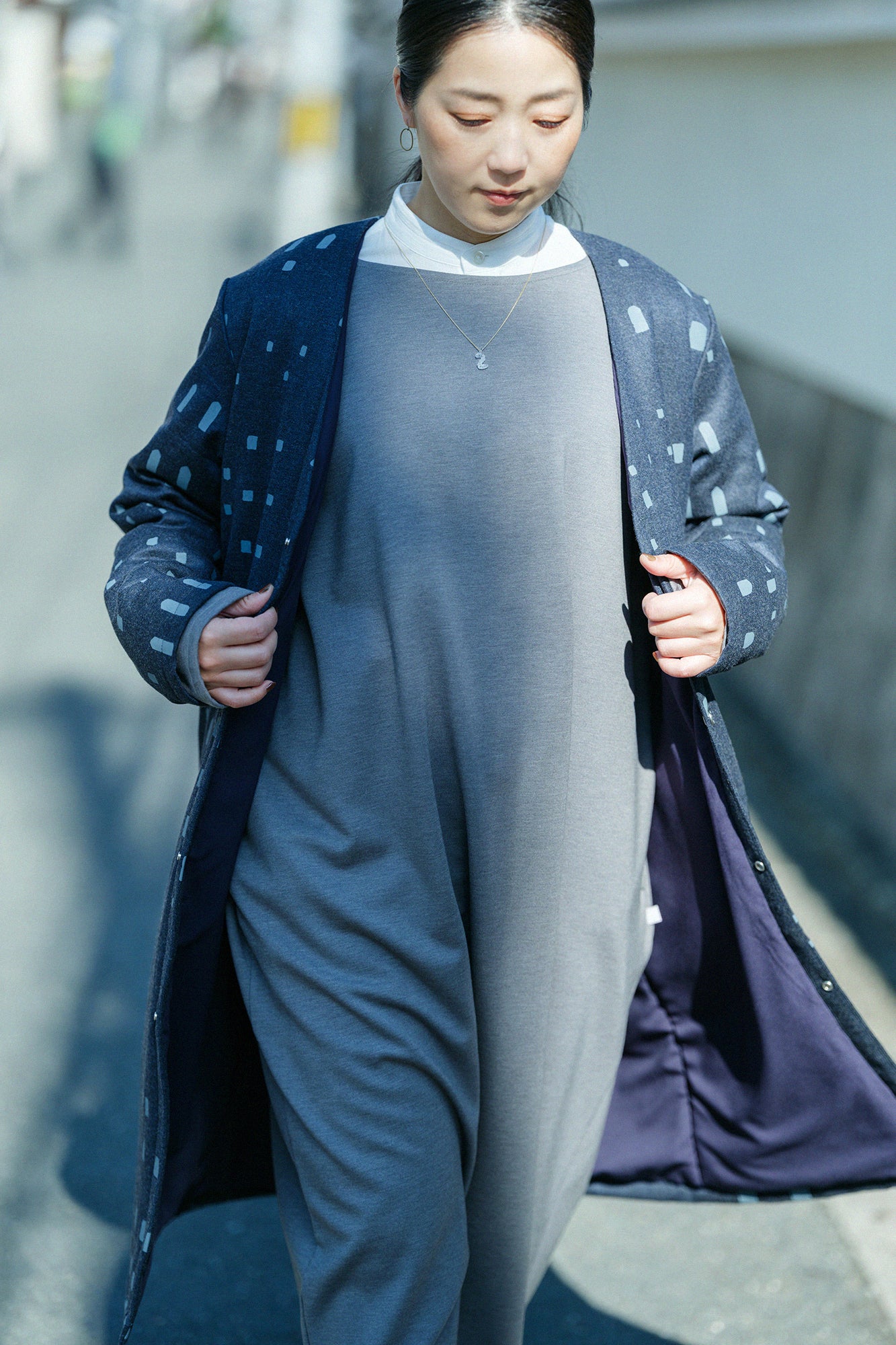 【Pre-order】Stretch Flannel Collarless Padded Coat／Windows Dark Navy（※Scheduled to be shipped around Dec 9）