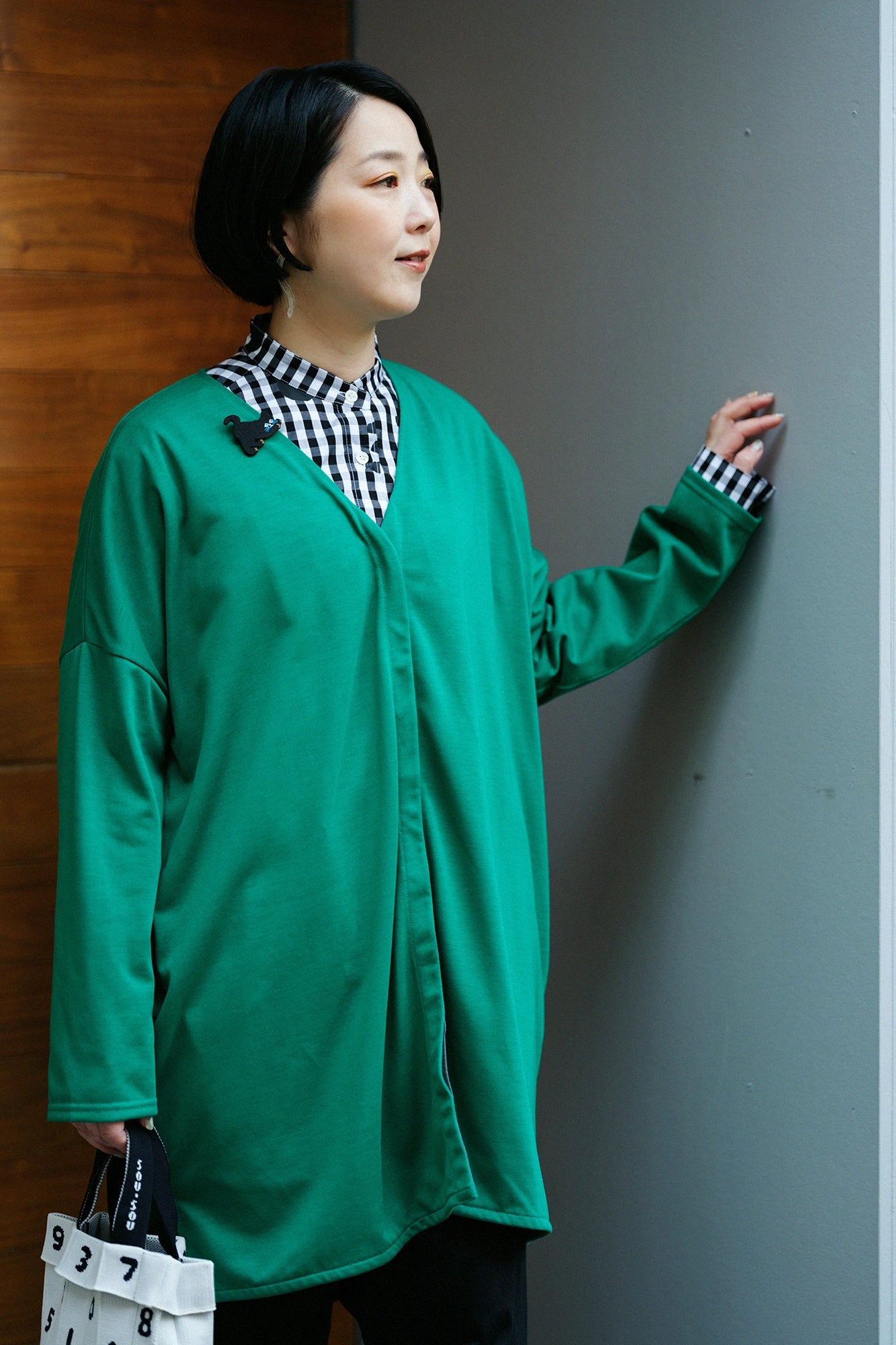 【Ships around 3/17】Parallel Yarn Jersey V-neck Light Tunic Coat / Green