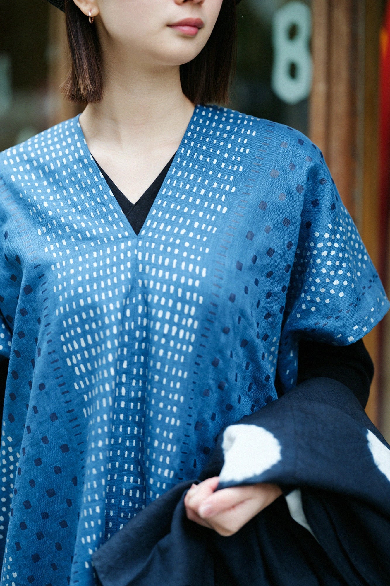 【Scheduled to ship around Mar 3】Linen Rectangular Dress Split Joint／Hail StripesAquamarine