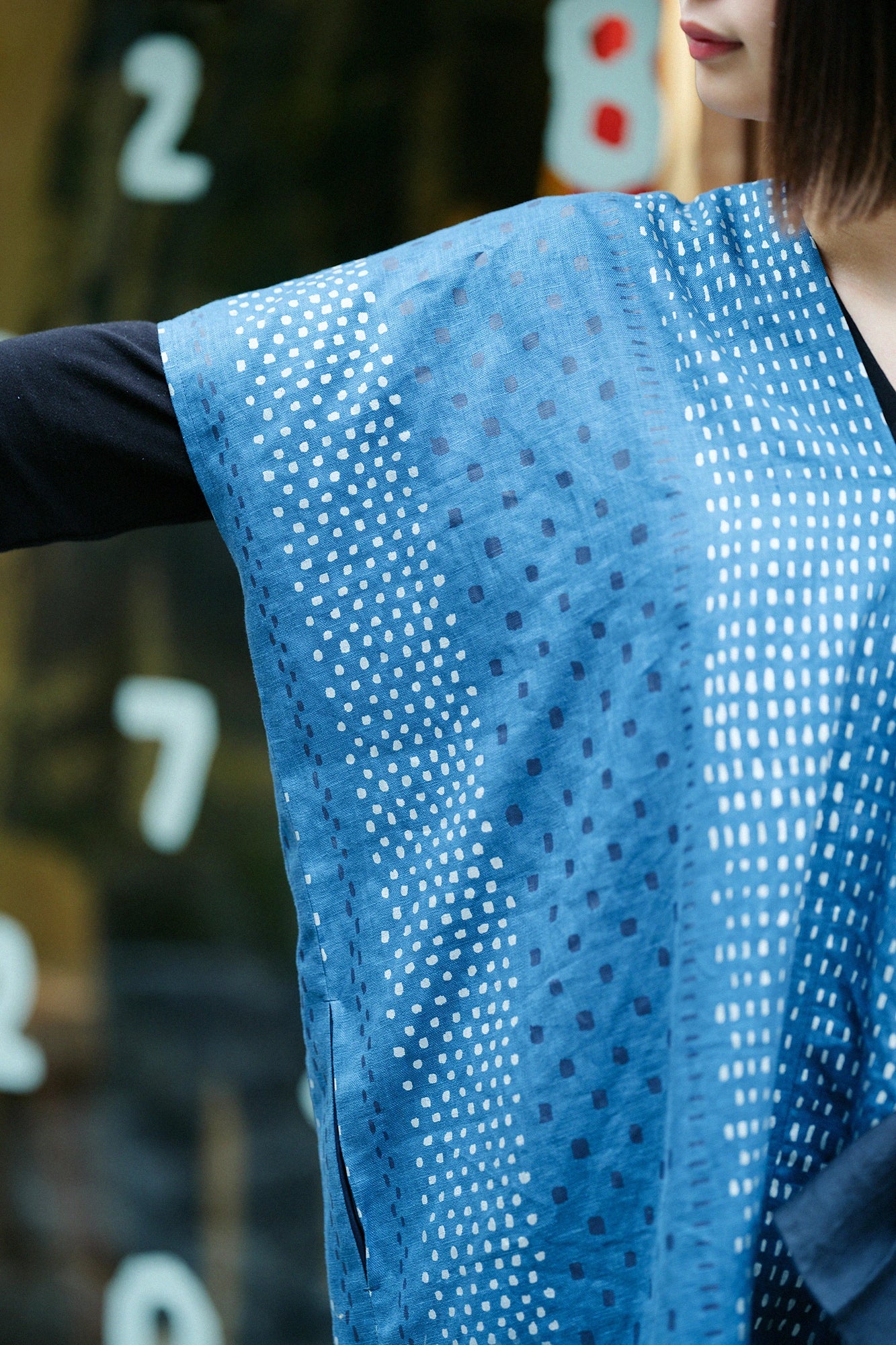 【Scheduled to ship around Mar 3】Linen Rectangular Dress Split Joint／Hail StripesAquamarine