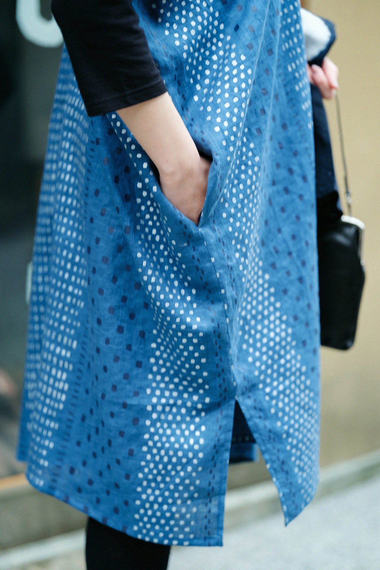【Scheduled to ship around Mar 3】Linen Rectangular Dress Split Joint／Hail StripesAquamarine