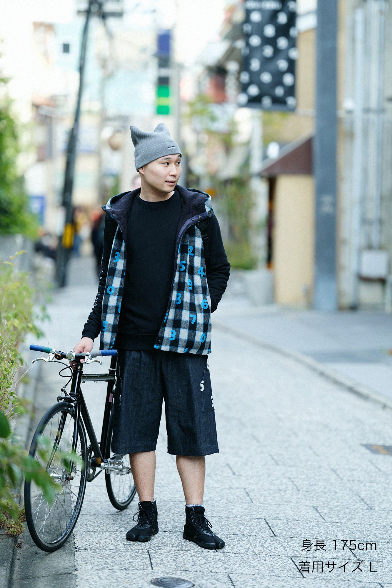 ウールチェック×ボア BIKEフードベスト／SO-SU-U ブルーブラック