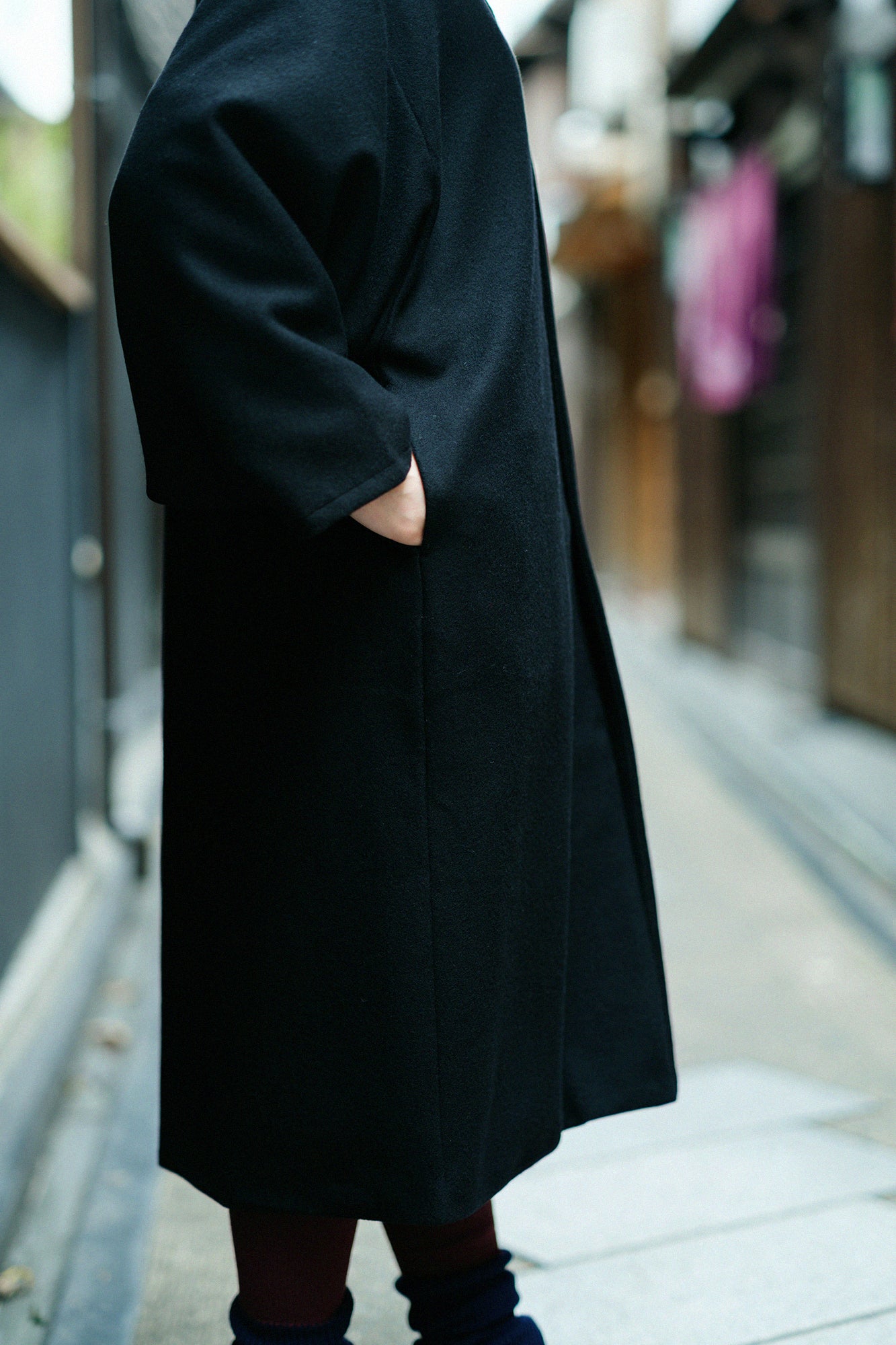 Wool Melton Naginata Sleeve Haori Long with Lining / Black×Gold Damask