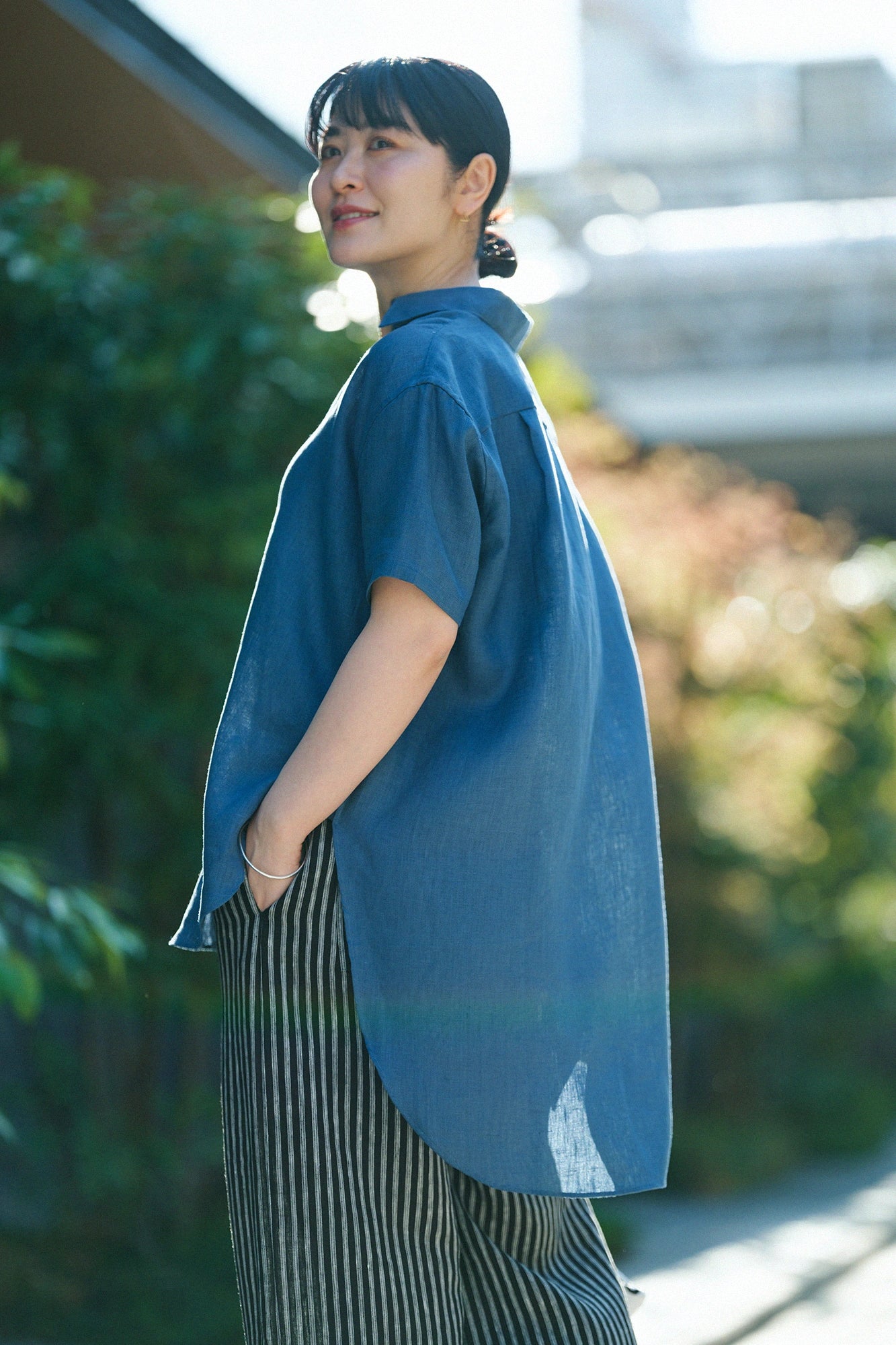 Linen Gran L. Tunic Short Sleeve Shirt／Teal Blue