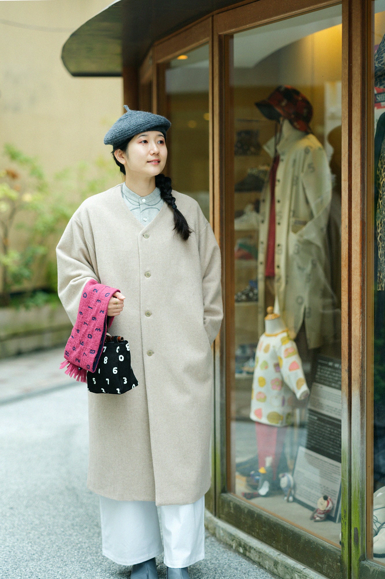 Wool Melton Naginata Sleeve Haori Long with Lining / Beige×Smile Beige