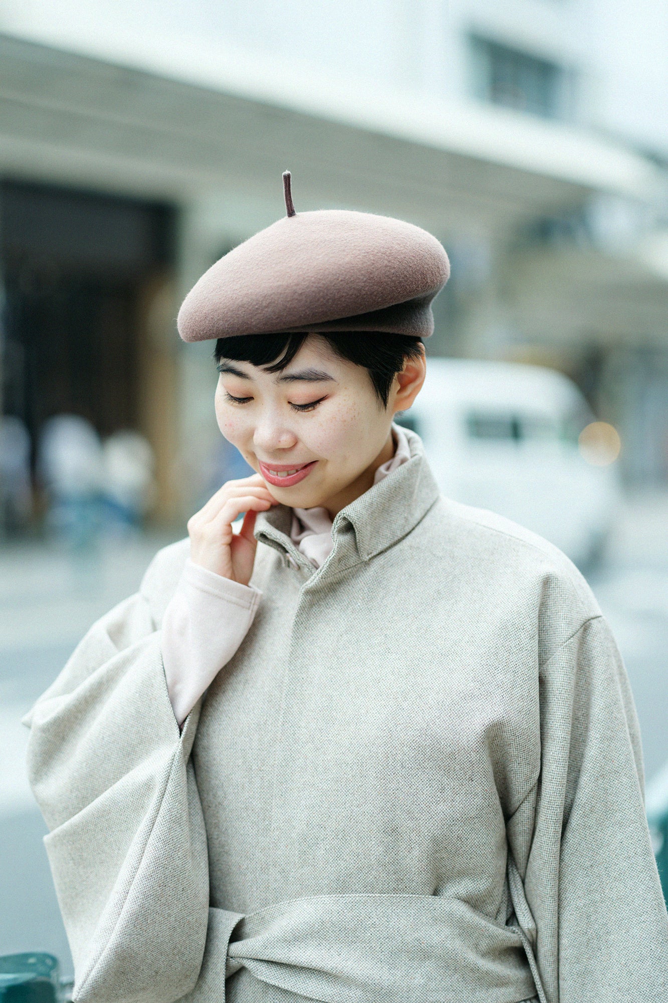 Tweed Kimono Sleeve Coat with Lining / Beige