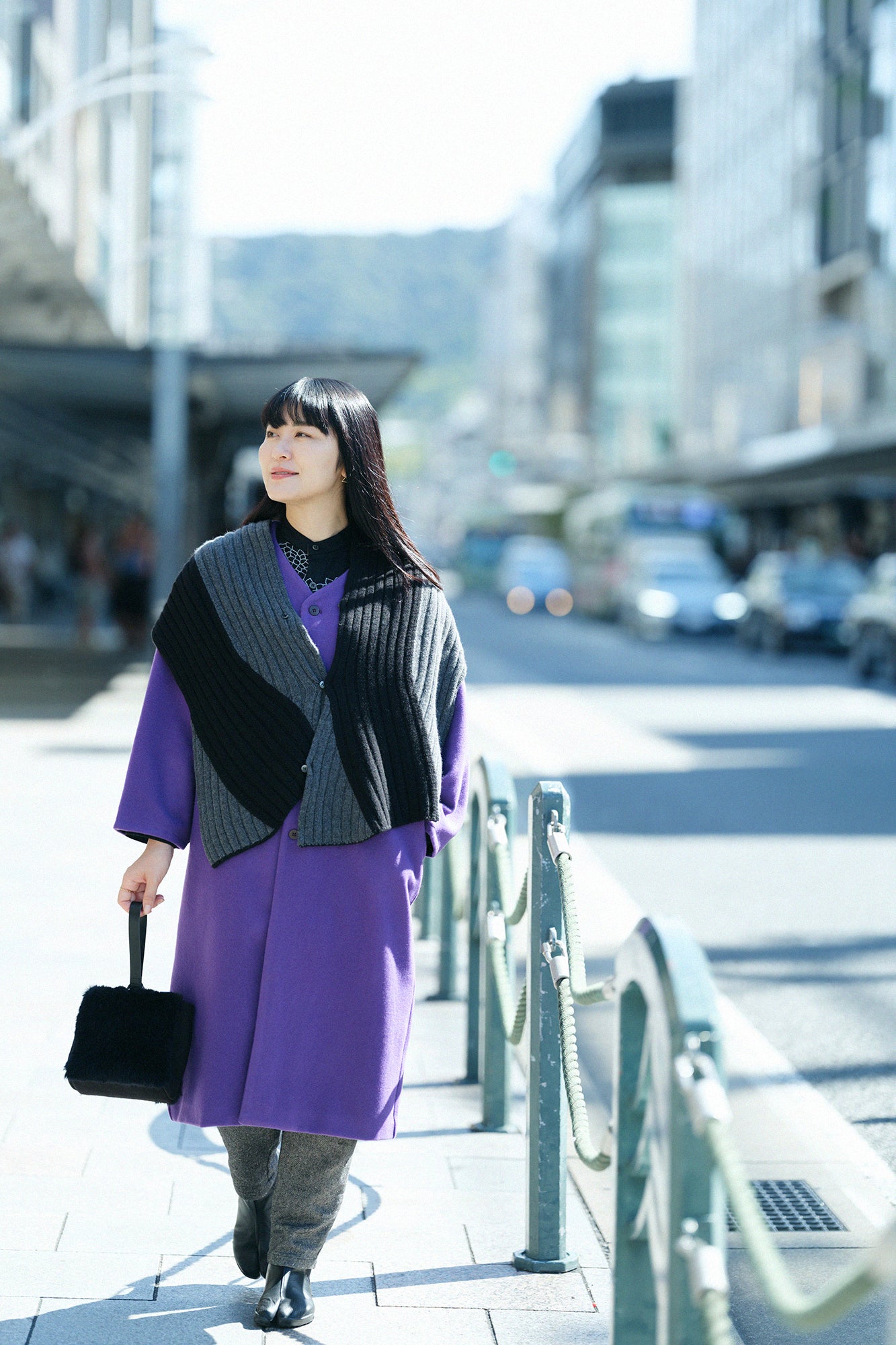 Wool Melton Naginata Sleeve Haori Long with Lining / Reddish Purple×Kumodori with Chrysanthemum