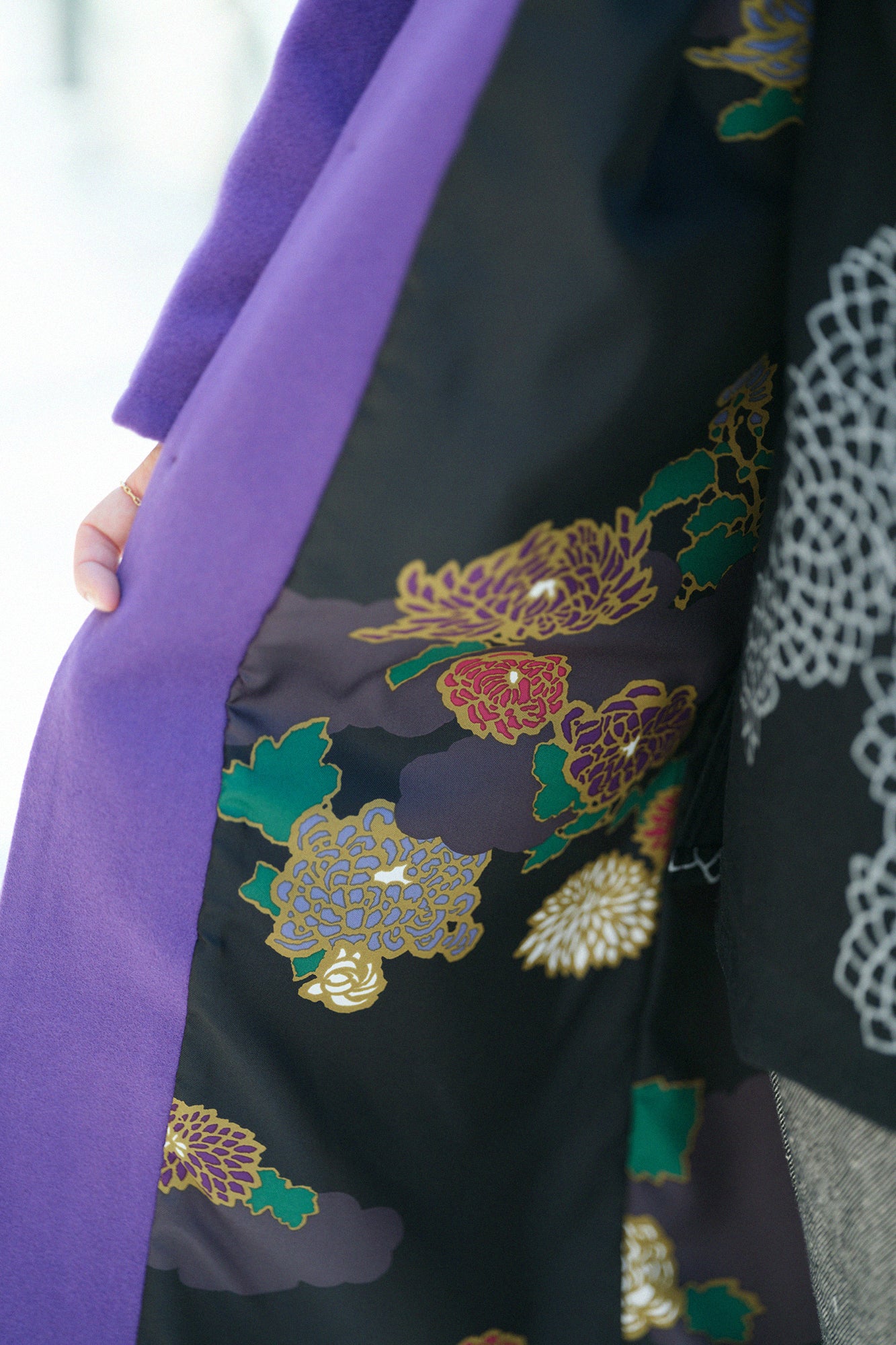 Wool Melton Naginata Sleeve Haori Long with Lining / Reddish Purple×Kumodori with Chrysanthemum