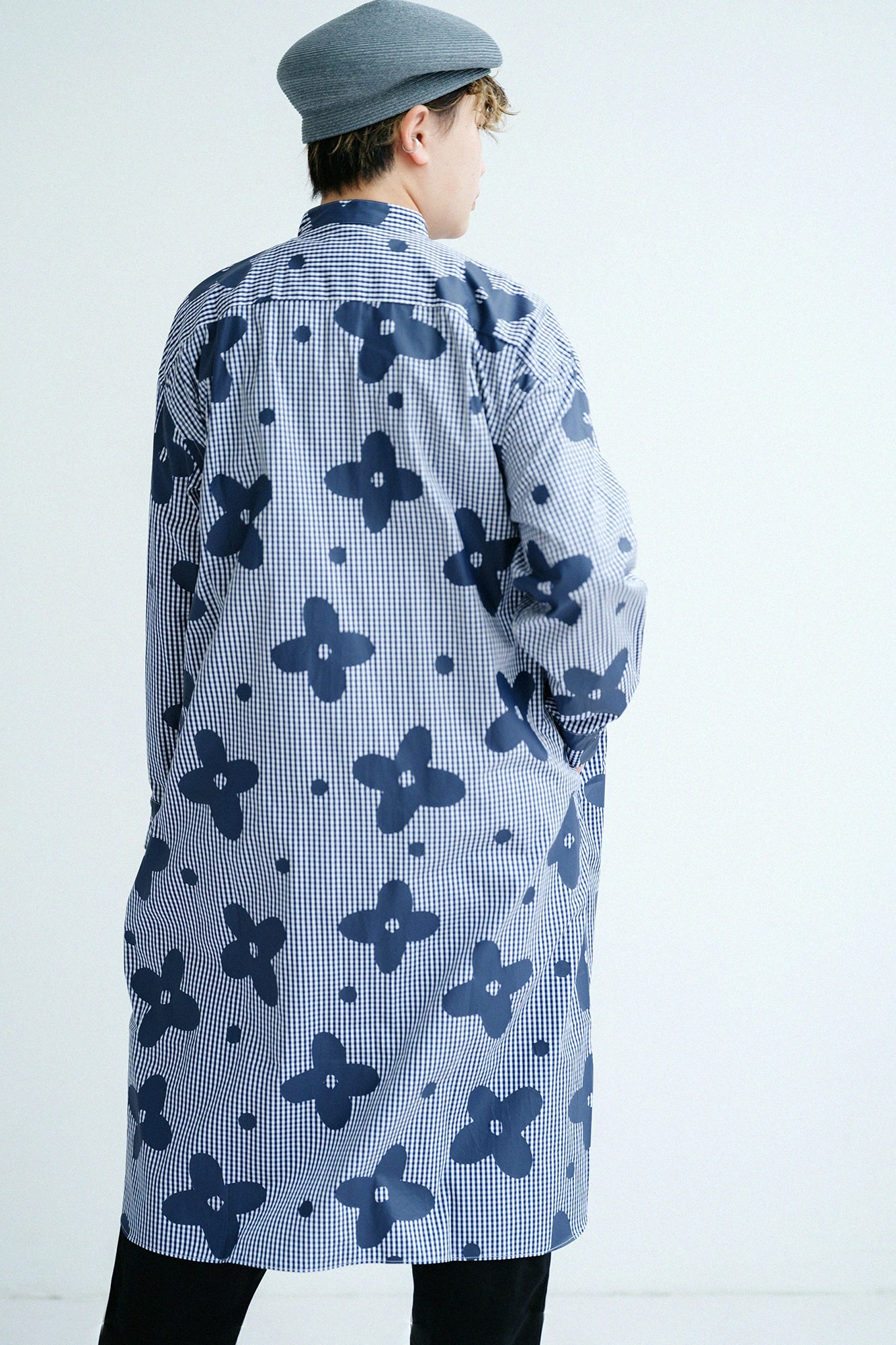 [Versand voraussichtlich um den 17. März] Extralanges Grand-Hemd-Kleid aus Baumwolle R.H/Yamahanakaze marineblau kariert