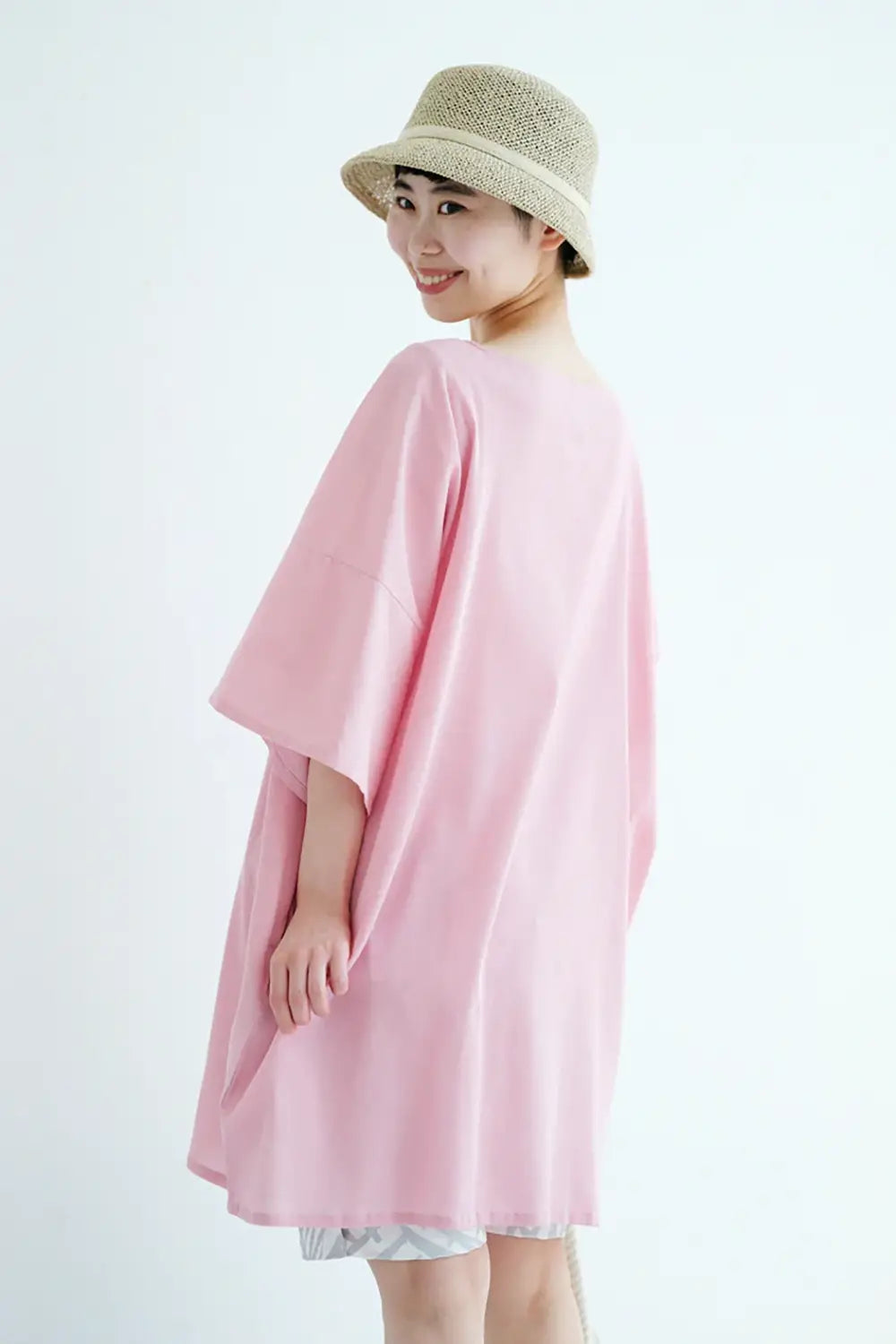 타카시마치지미 40/40 반소매 보트넥튜닉/연복숭아색(우스분홍색) 