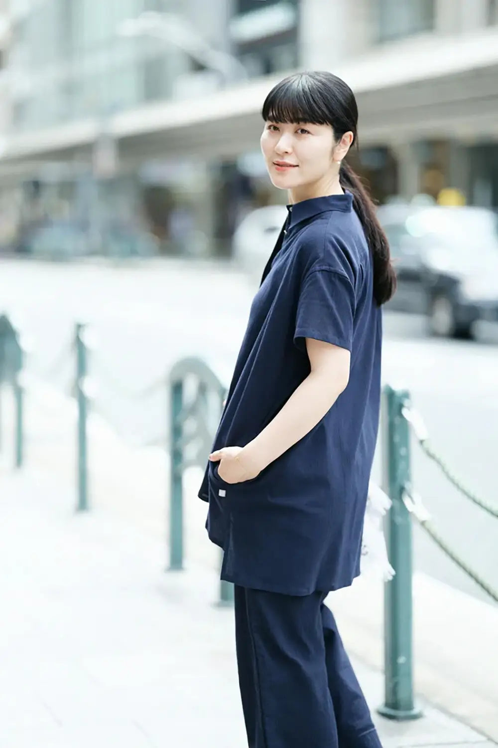 타카시마치지미 20/20 그란 튜닉반팔셔츠／남색