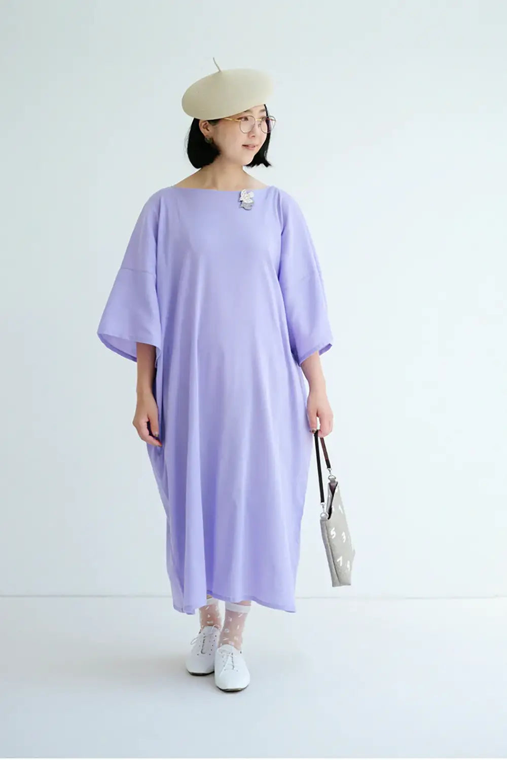 【7月7日頃発送予定】高島縮 40/40 平袖ボートネックワンピース／淡紅藤（あわべにふじ）
