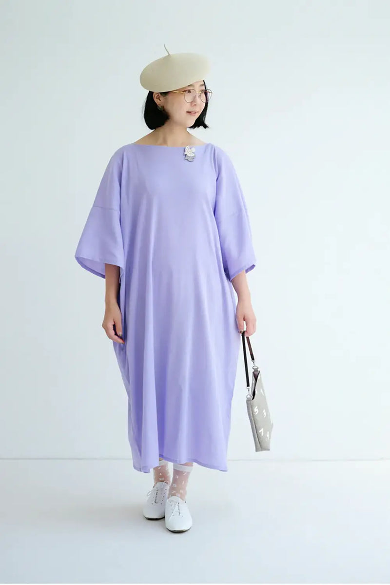 【7月7日頃発送予定】高島縮 40/40 平袖ボートネックワンピース／淡紅藤（あわべにふじ）